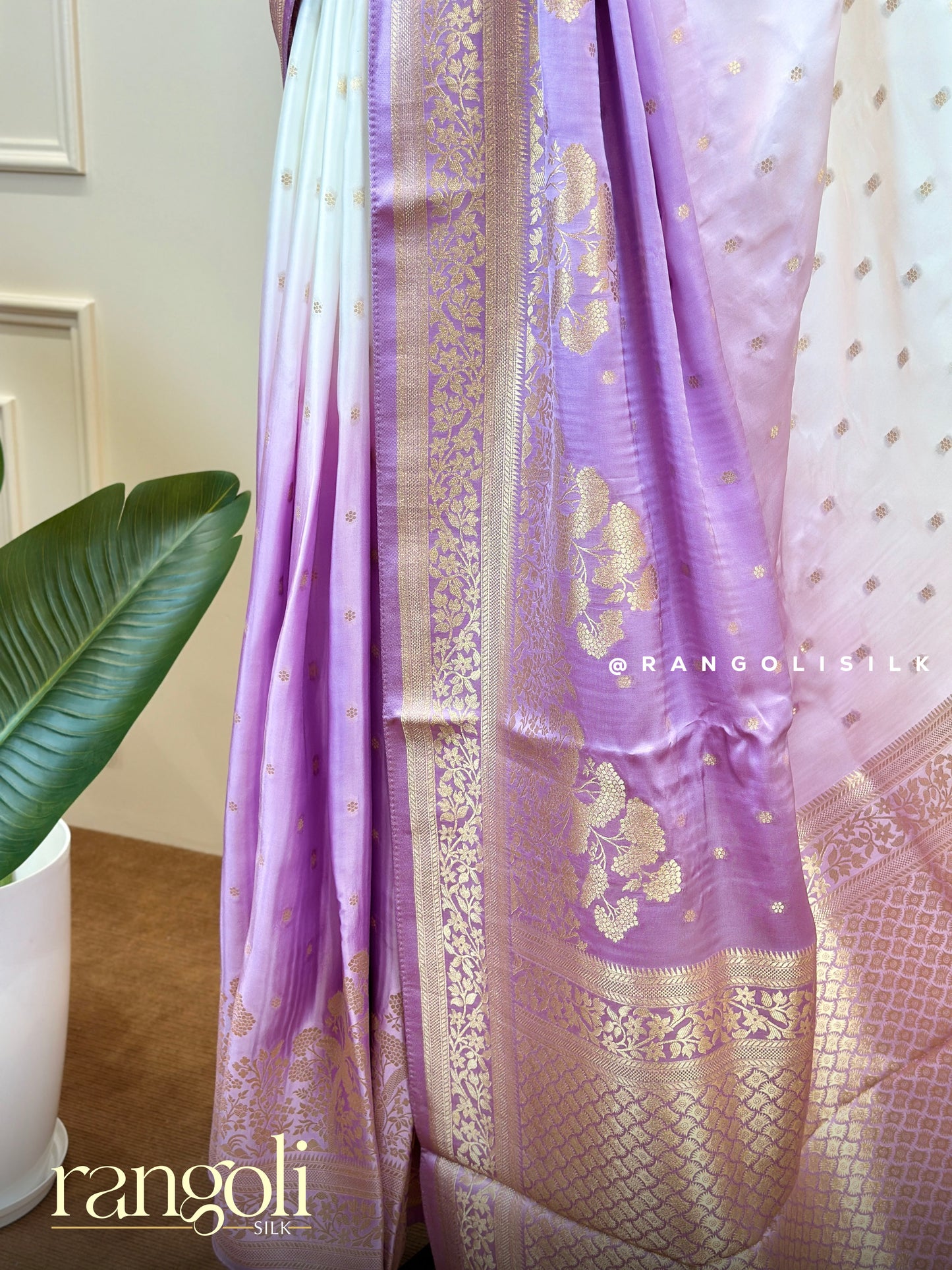 Ivory Double Shade Banarasi Saree with Yellow & Lilac Zari Motifs - Post 716