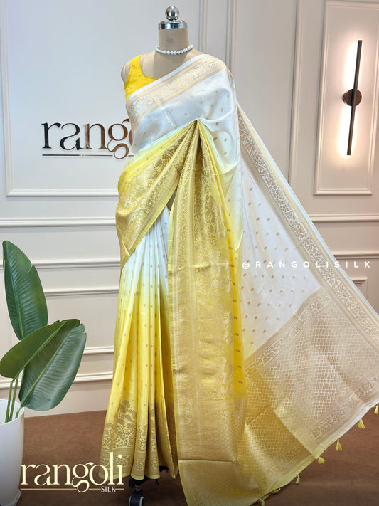 Ivory Double Shade Banarasi Saree with Yellow & Lilac Zari Motifs - Post 716