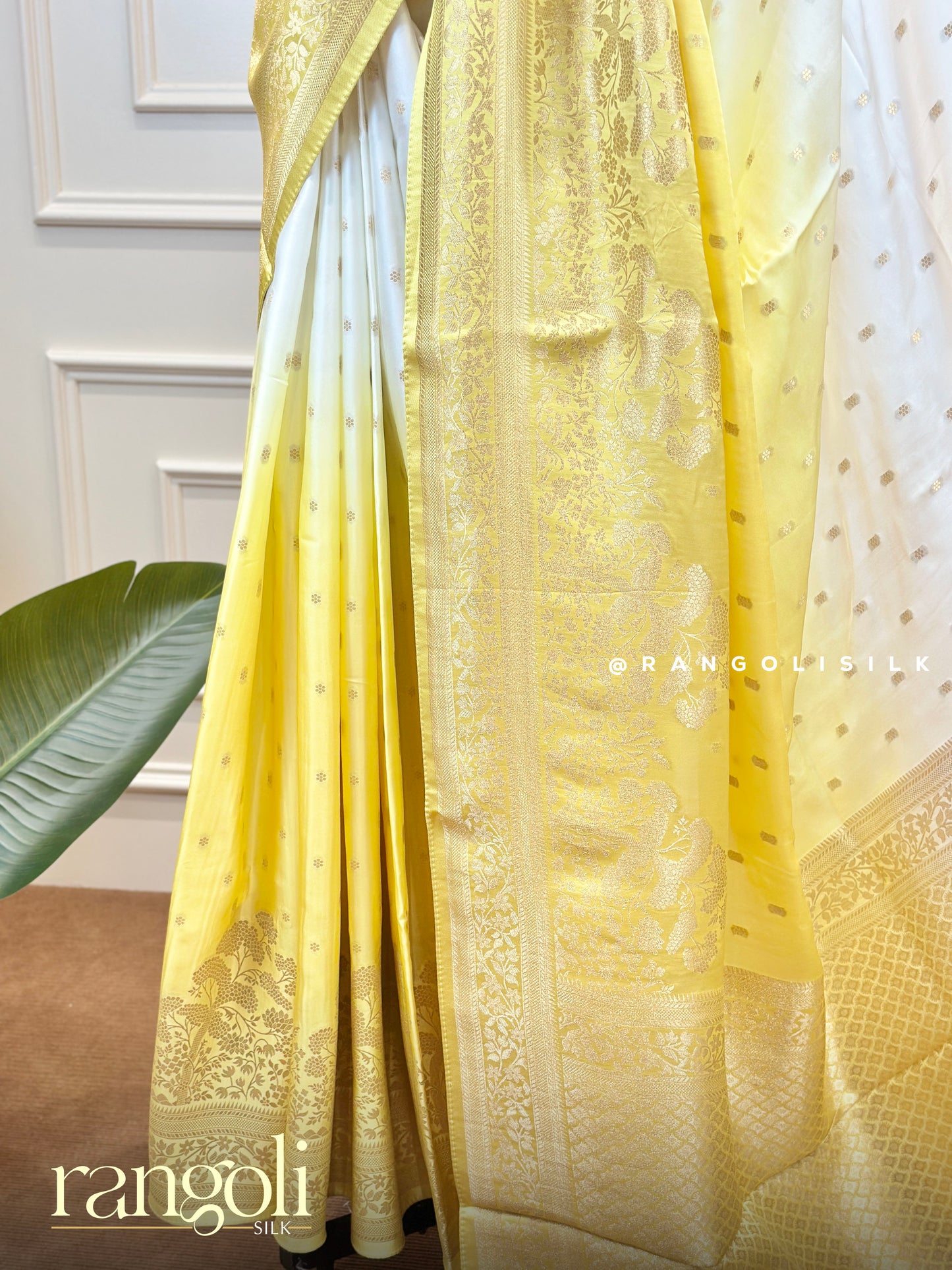 Ivory Double Shade Banarasi Saree with Yellow & Lilac Zari Motifs - Post 716