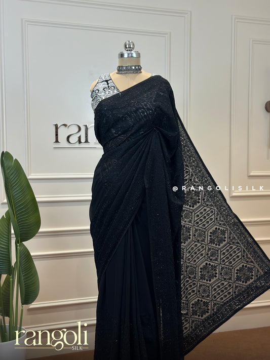 Timeless Black Chikankari Saree with Flowing Pallu - Post 410