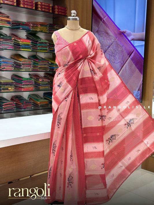 Elegant Cotton Silk Tissue Mix Saree with Floral Motifs & Zari Stripes - Post 923