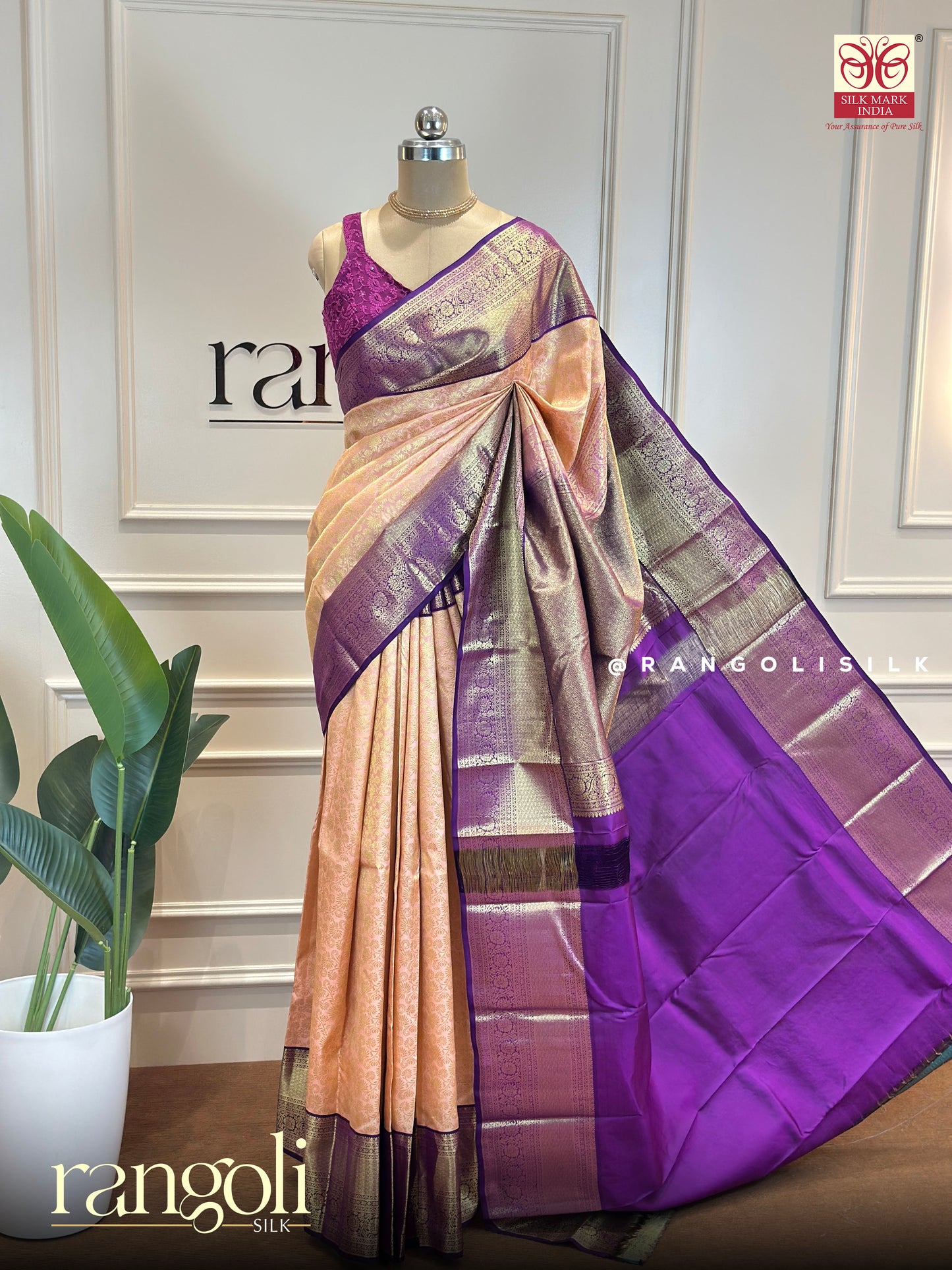 Pure Kanjivaram Silk Saree with Peach Body & Purple Zari Pallu - Post 640