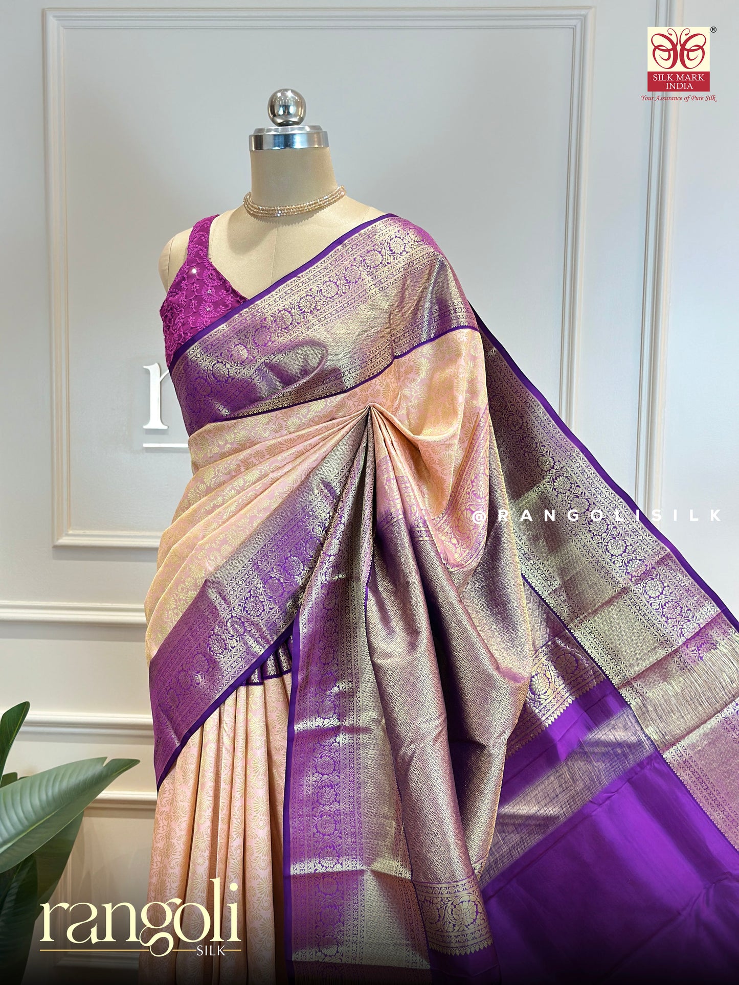 Pure Kanjivaram Silk Saree with Peach Body & Purple Zari Pallu - Post 640