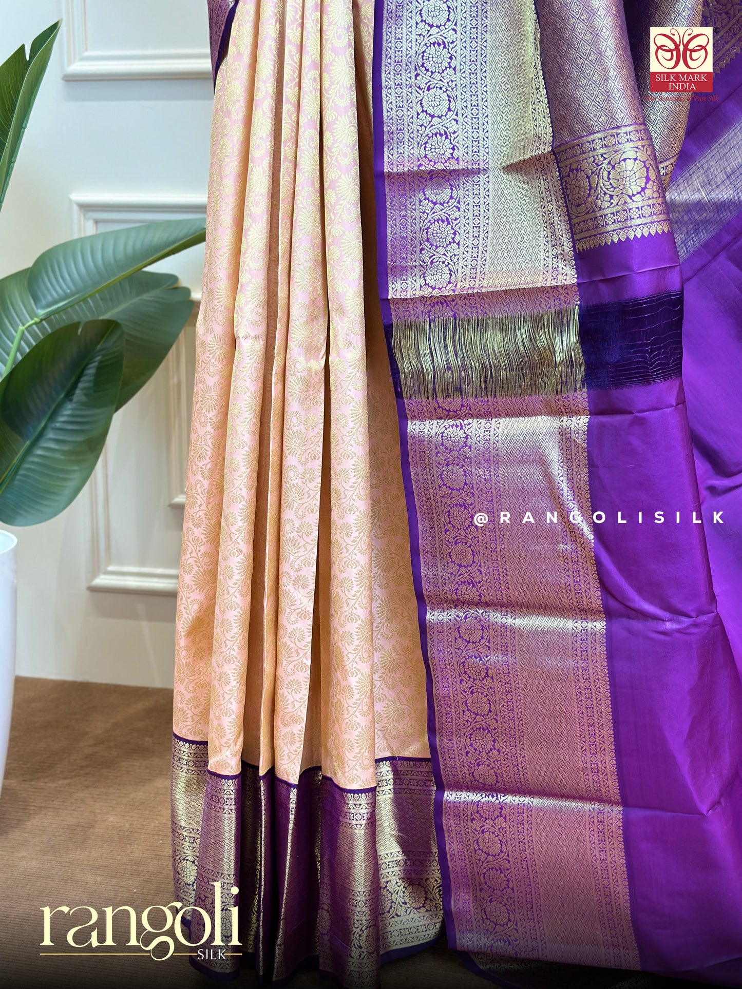 Pure Kanjivaram Silk Saree with Peach Body & Purple Zari Pallu - Post 640