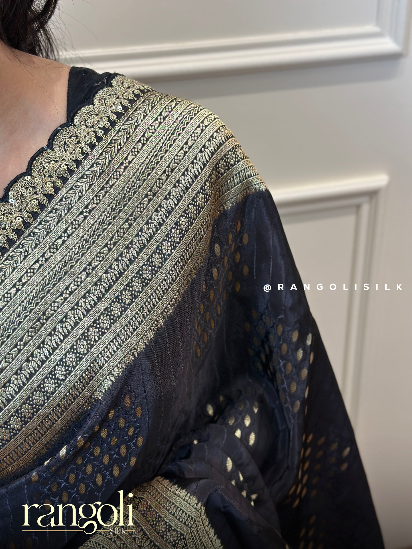 Timeless Black Banarasi Saree with Gold Zari Borders & Classic Buti Motifs - Post 722