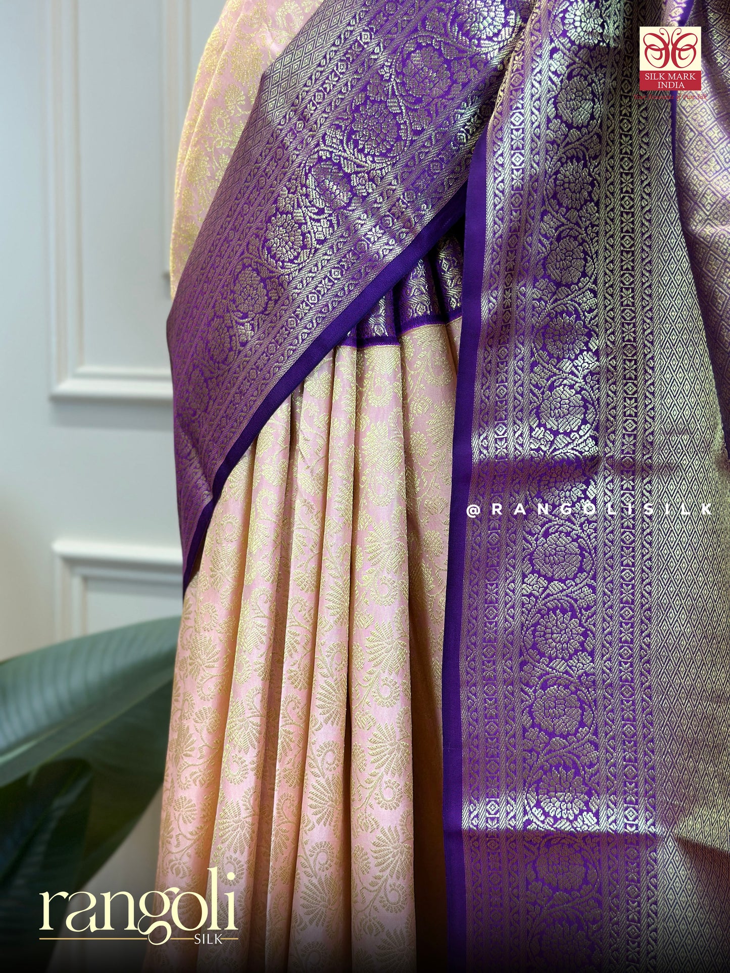 Pure Kanjivaram Silk Saree with Peach Body & Purple Zari Pallu - Post 640
