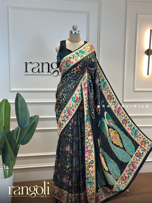 Black Banarasi Saree with Colorful Animal & Floral Motifs - Post 510