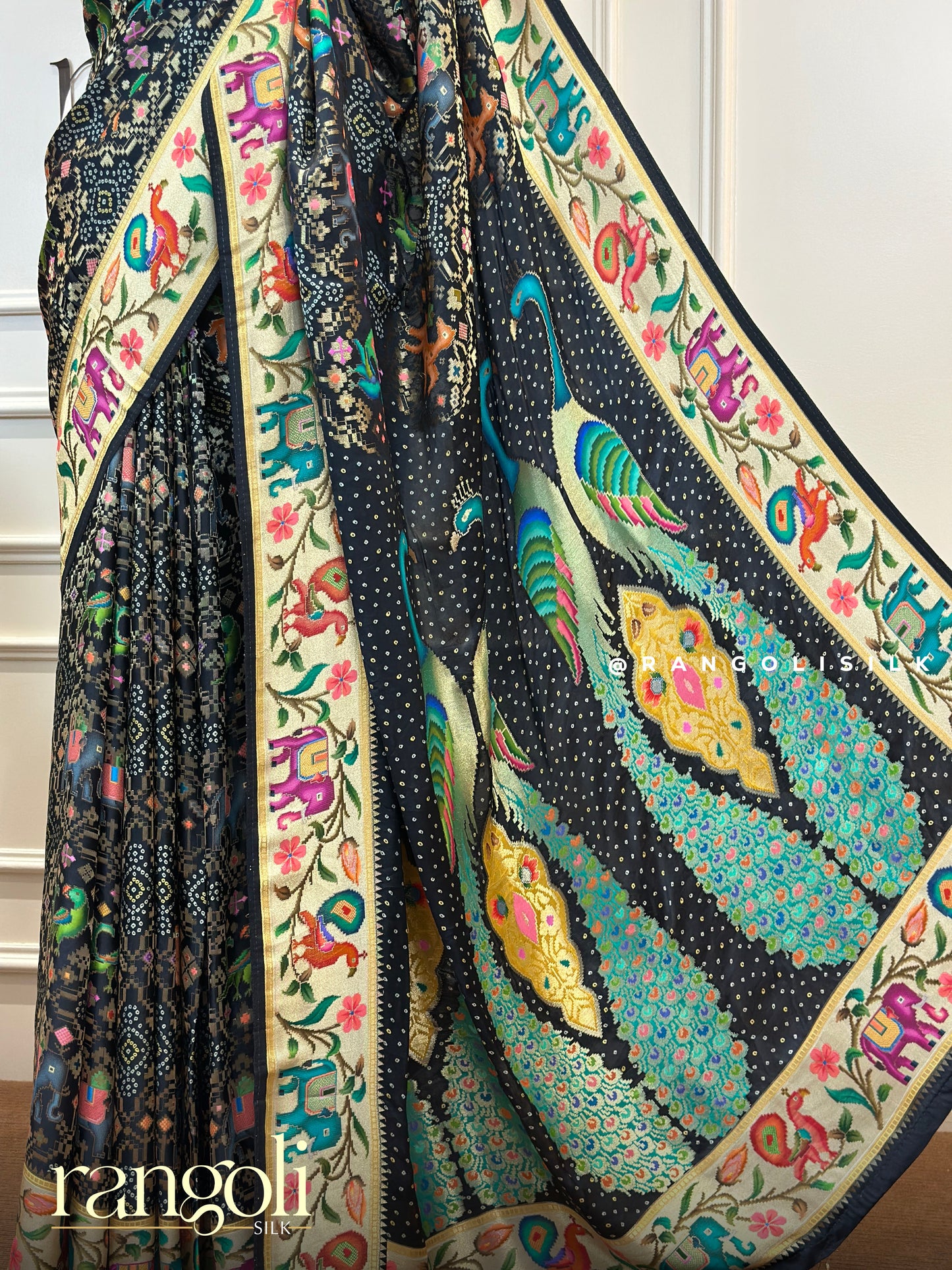 Black Banarasi Saree with Colorful Animal & Floral Motifs - Post 510