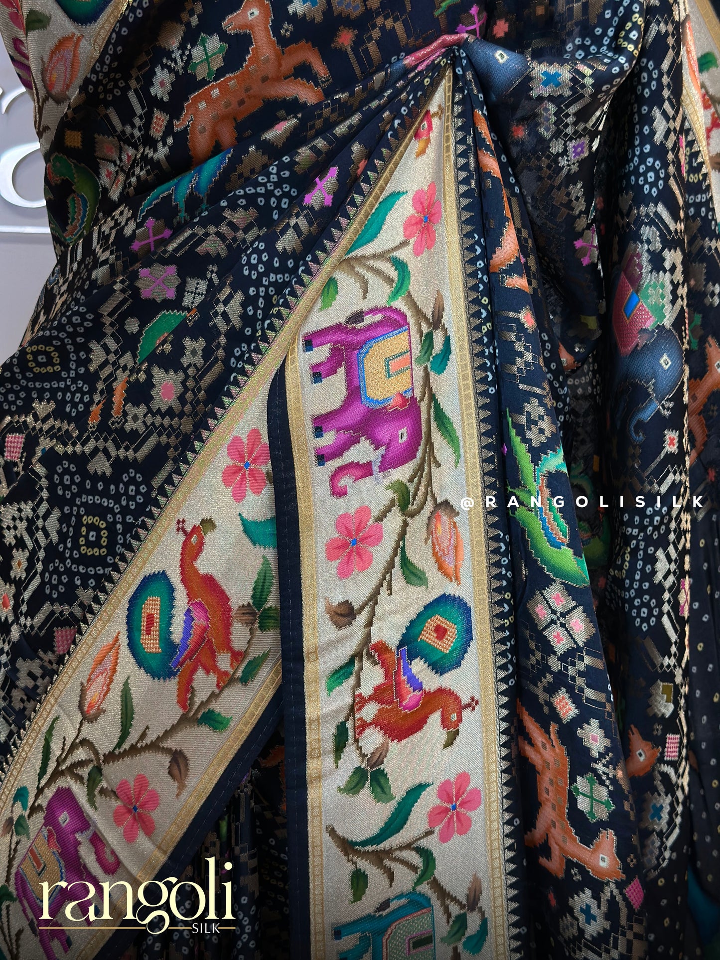 Black Banarasi Saree with Colorful Animal & Floral Motifs - Post 510