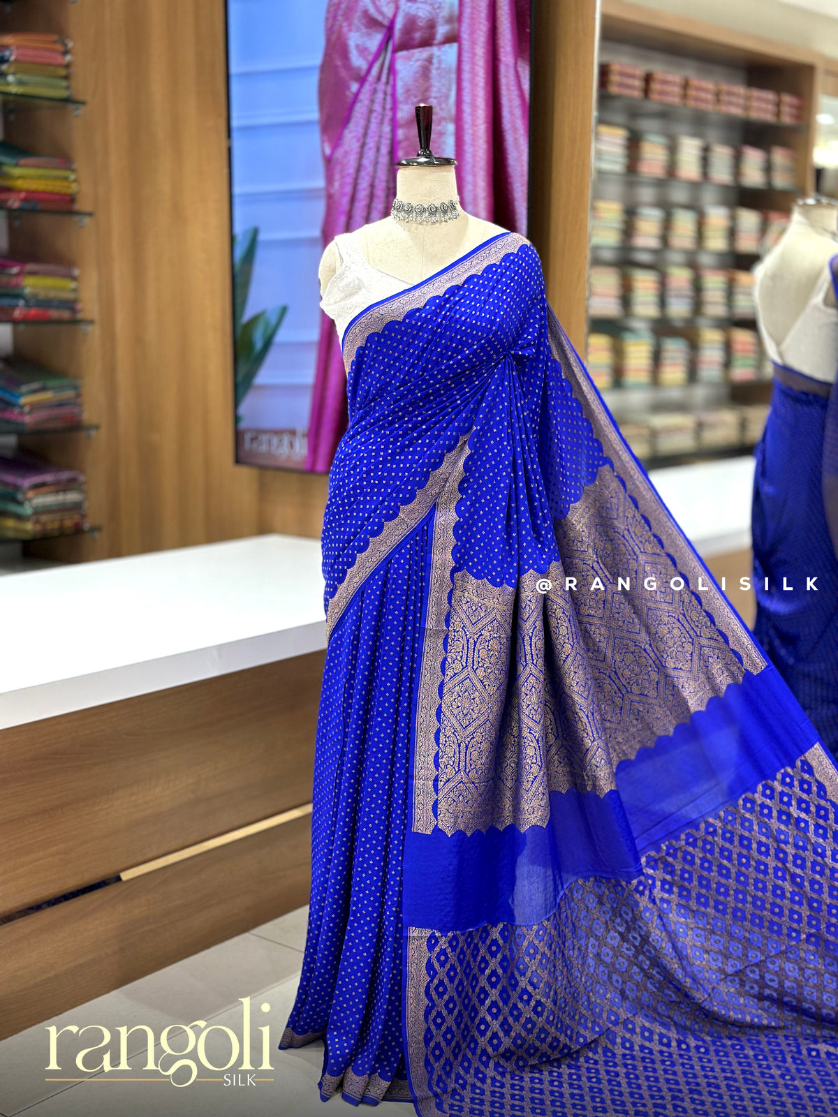 Royal Blue Pure Kaddi Georgette Banaras Saree with Scalloped Zari Border - Post 1032