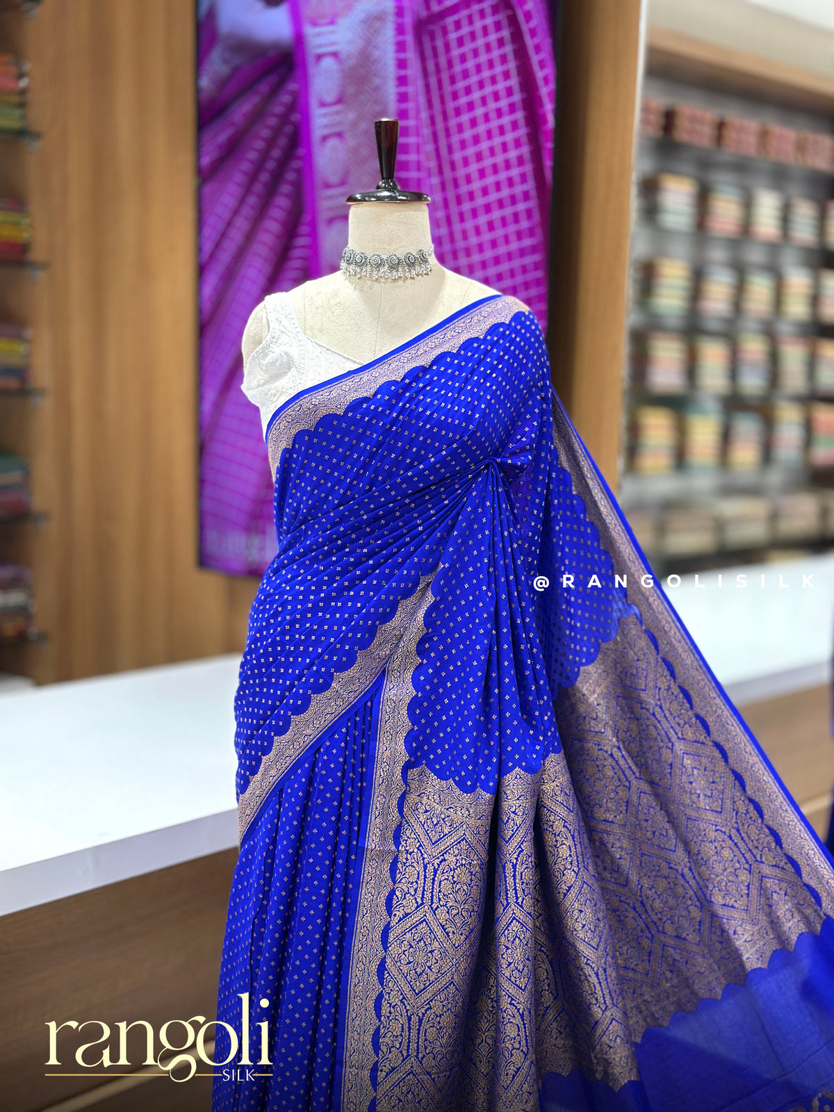 Royal Blue Pure Kaddi Georgette Banaras Saree with Scalloped Zari Border - Post 1032