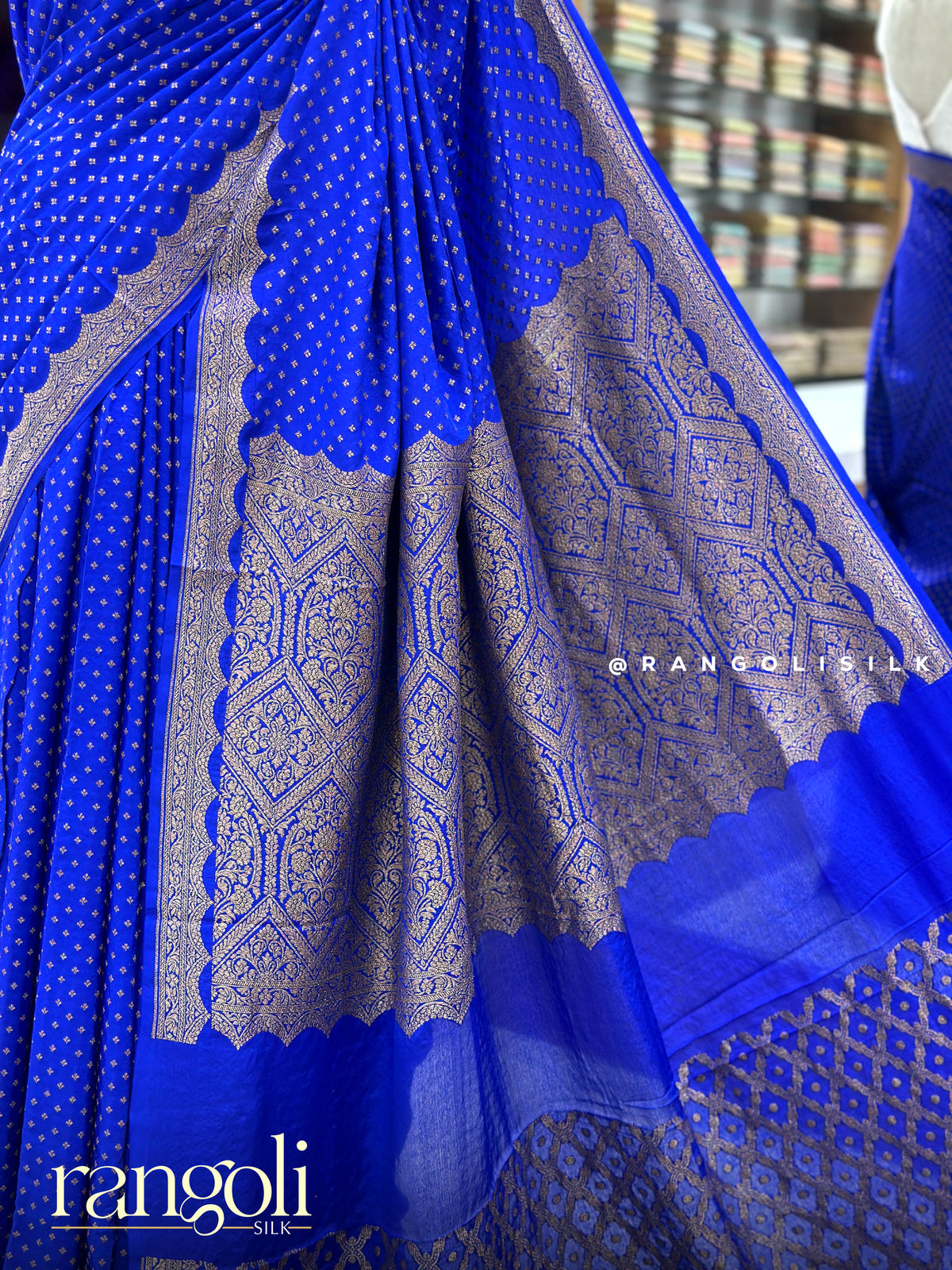 Royal Blue Pure Kaddi Georgette Banaras Saree with Scalloped Zari Border - Post 1032