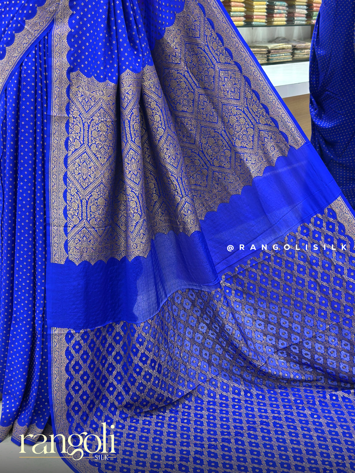 Royal Blue Pure Kaddi Georgette Banaras Saree with Scalloped Zari Border - Post 1032