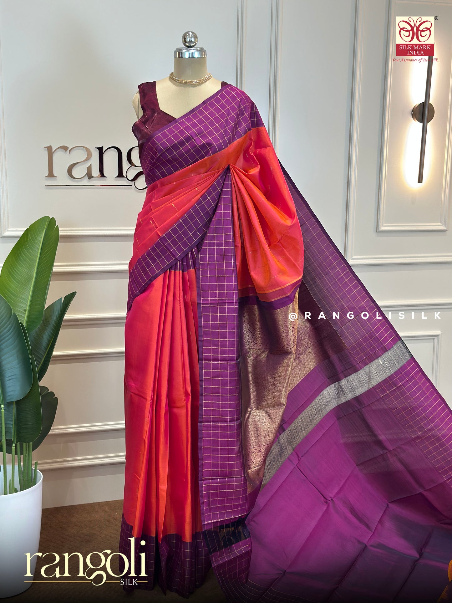 Pure Kanjivaram Silk Saree with Contrasting Colors & Checked Borders - Post 631