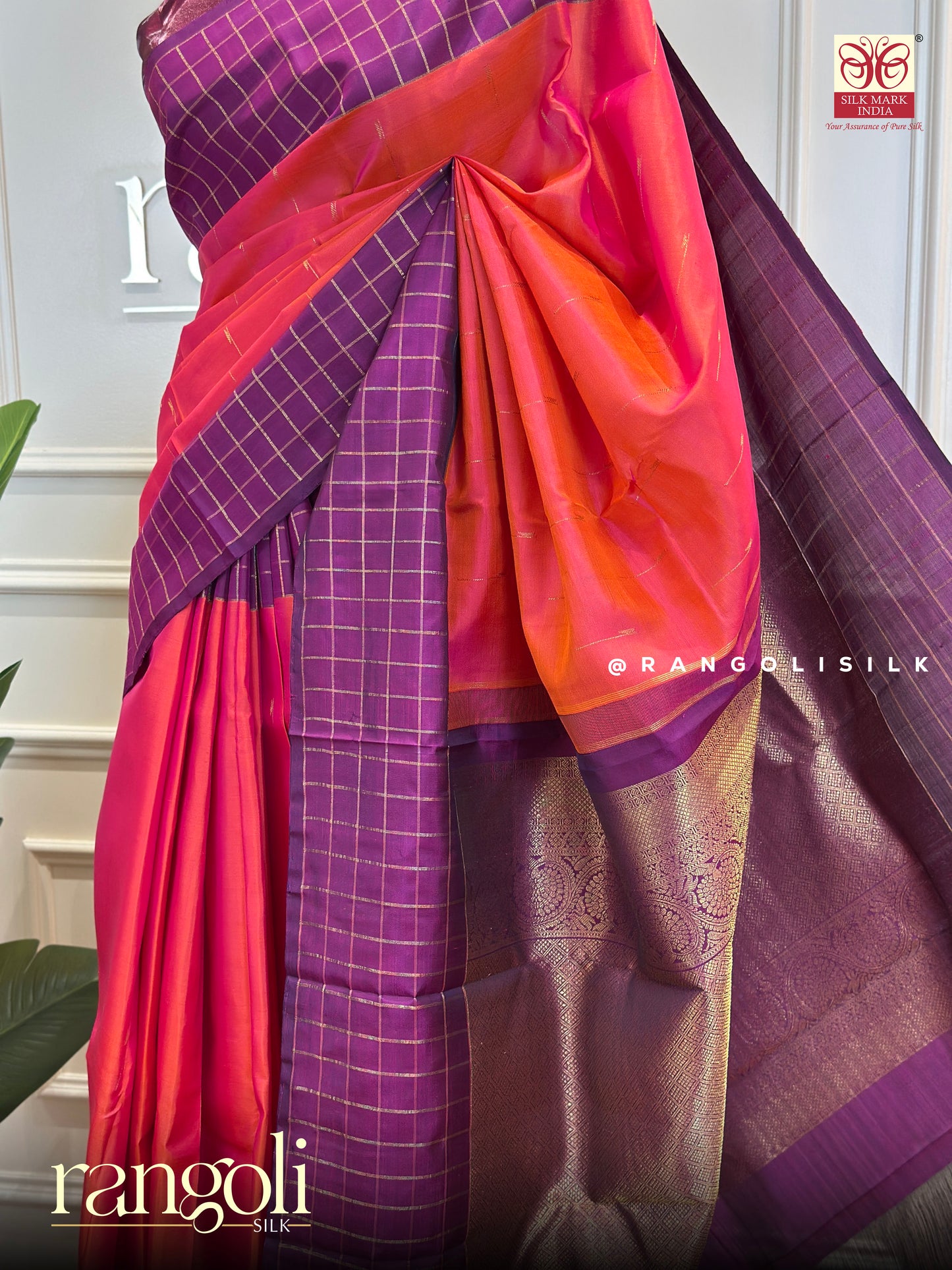 Pure Kanjivaram Silk Saree with Contrasting Colors & Checked Borders - Post 631