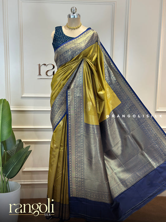 Semi Kanjivaram Silk Saree With Contrast Zari Border & Rich Pallu - Post 922