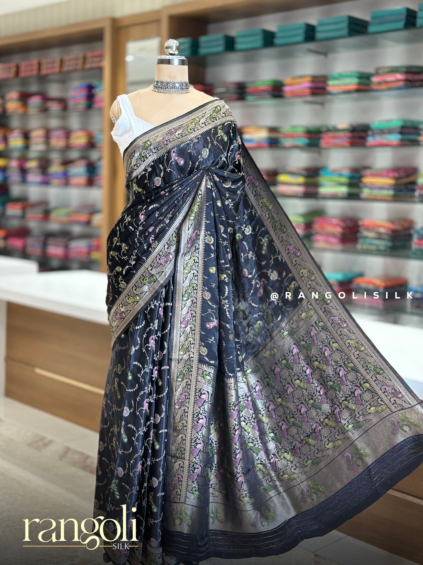 Soft Banaras Saree with Peacock Motifs & Silver Zari Weaving - Post 924