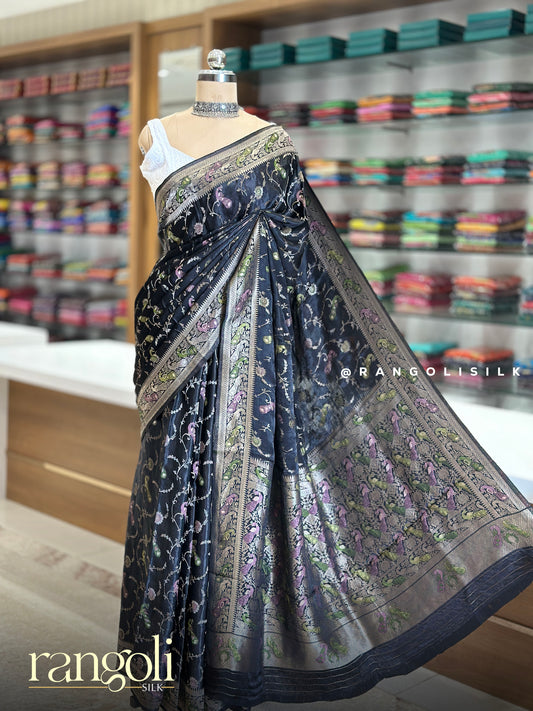 Soft Banaras Saree with Peacock Motifs & Silver Zari Weaving - Post 924