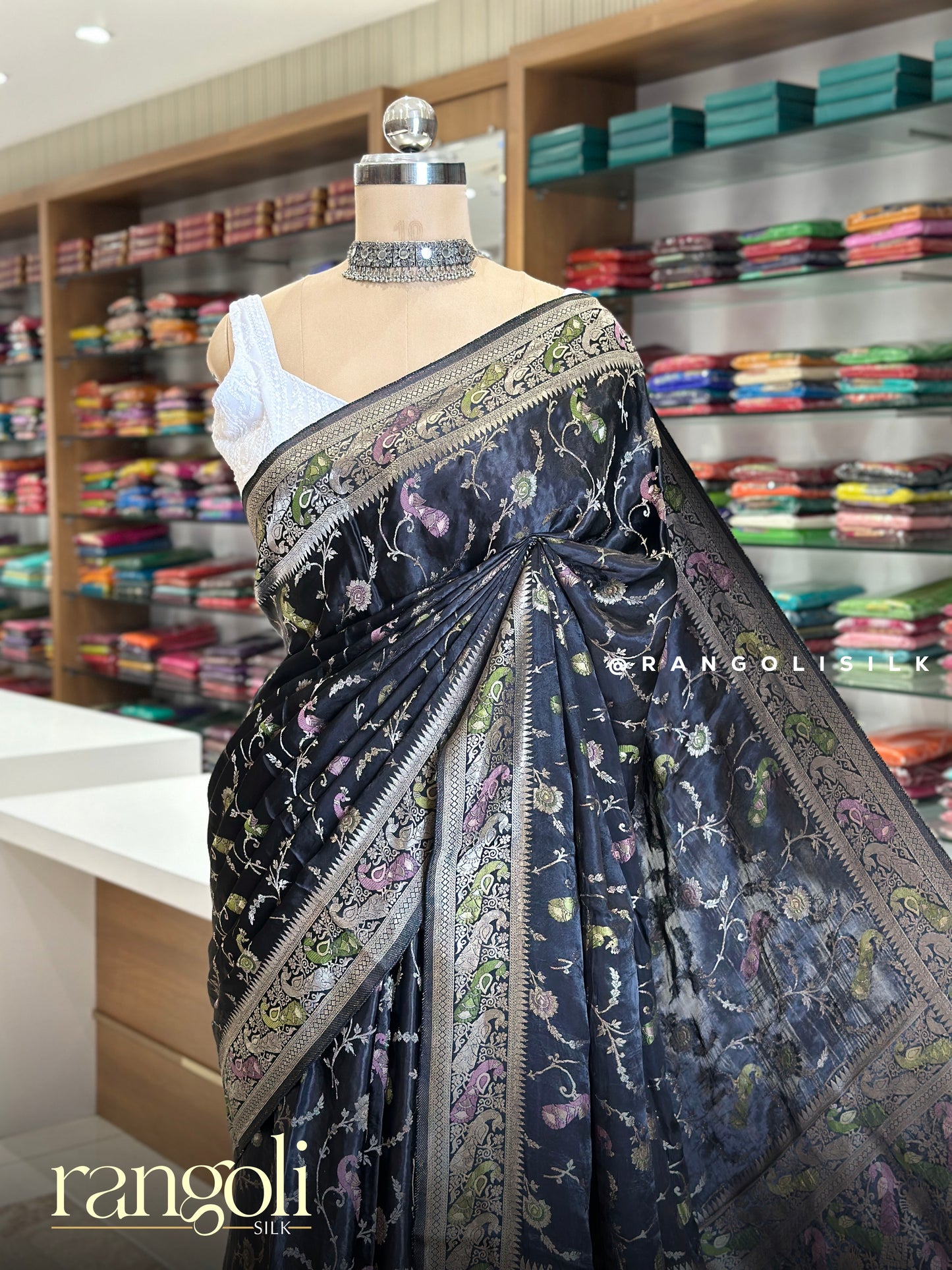 Soft Banaras Saree with Peacock Motifs & Silver Zari Weaving - Post 927