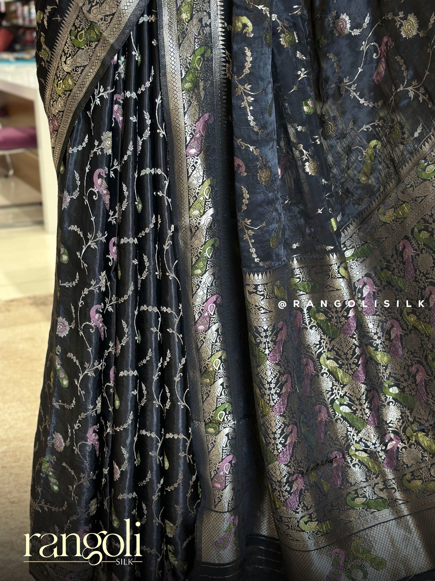 Soft Banaras Saree with Peacock Motifs & Silver Zari Weaving - Post 924