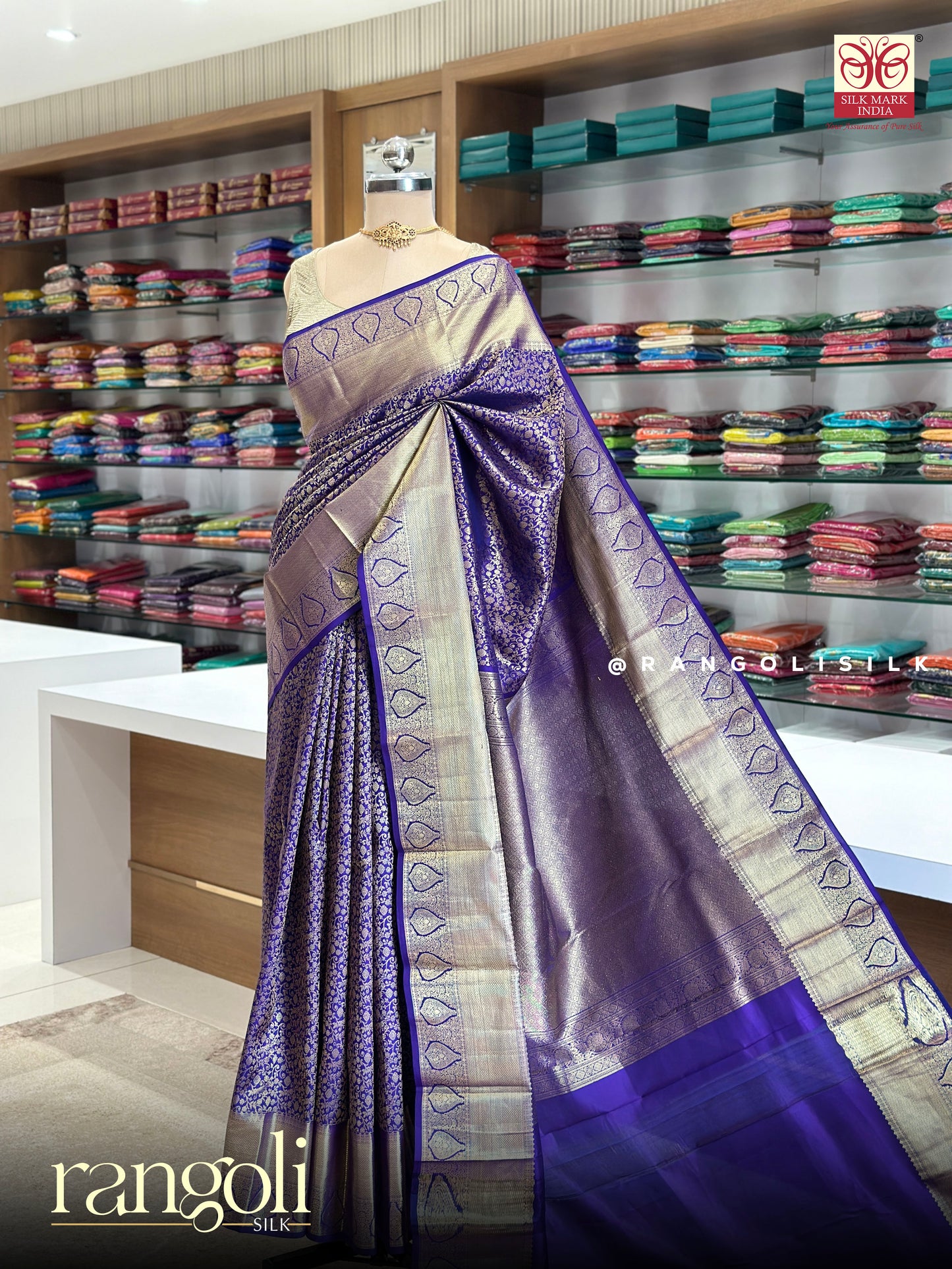 Pure Kanjivaram Silk Saree in Royal Blue & Violet - Silk Mark Certified - Post 930