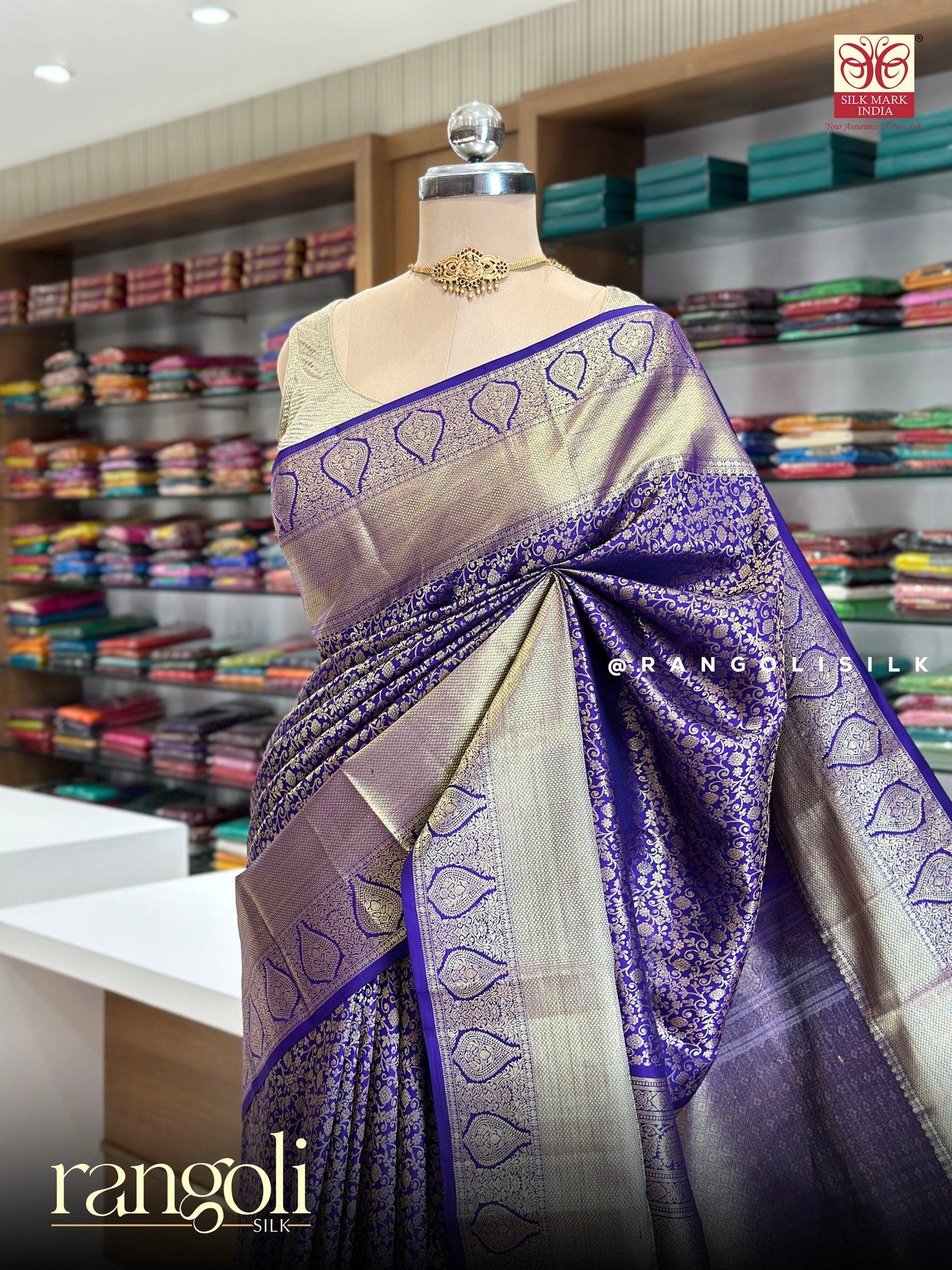 Pure Kanjivaram Silk Saree in Royal Blue & Violet - Silk Mark Certified - Post 930