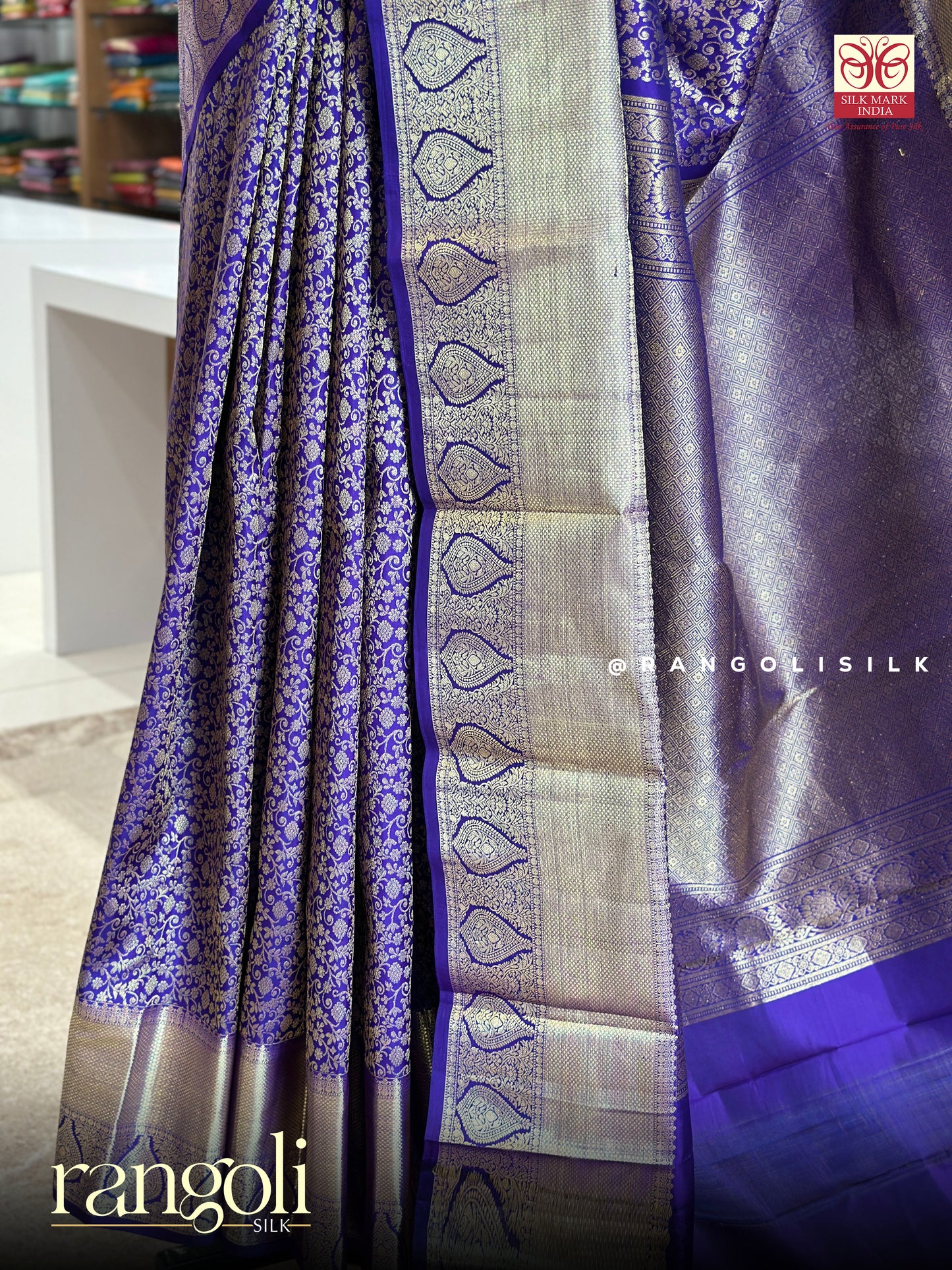 Pure Kanjivaram Silk Saree in Royal Blue & Violet - Silk Mark Certified - Post 930