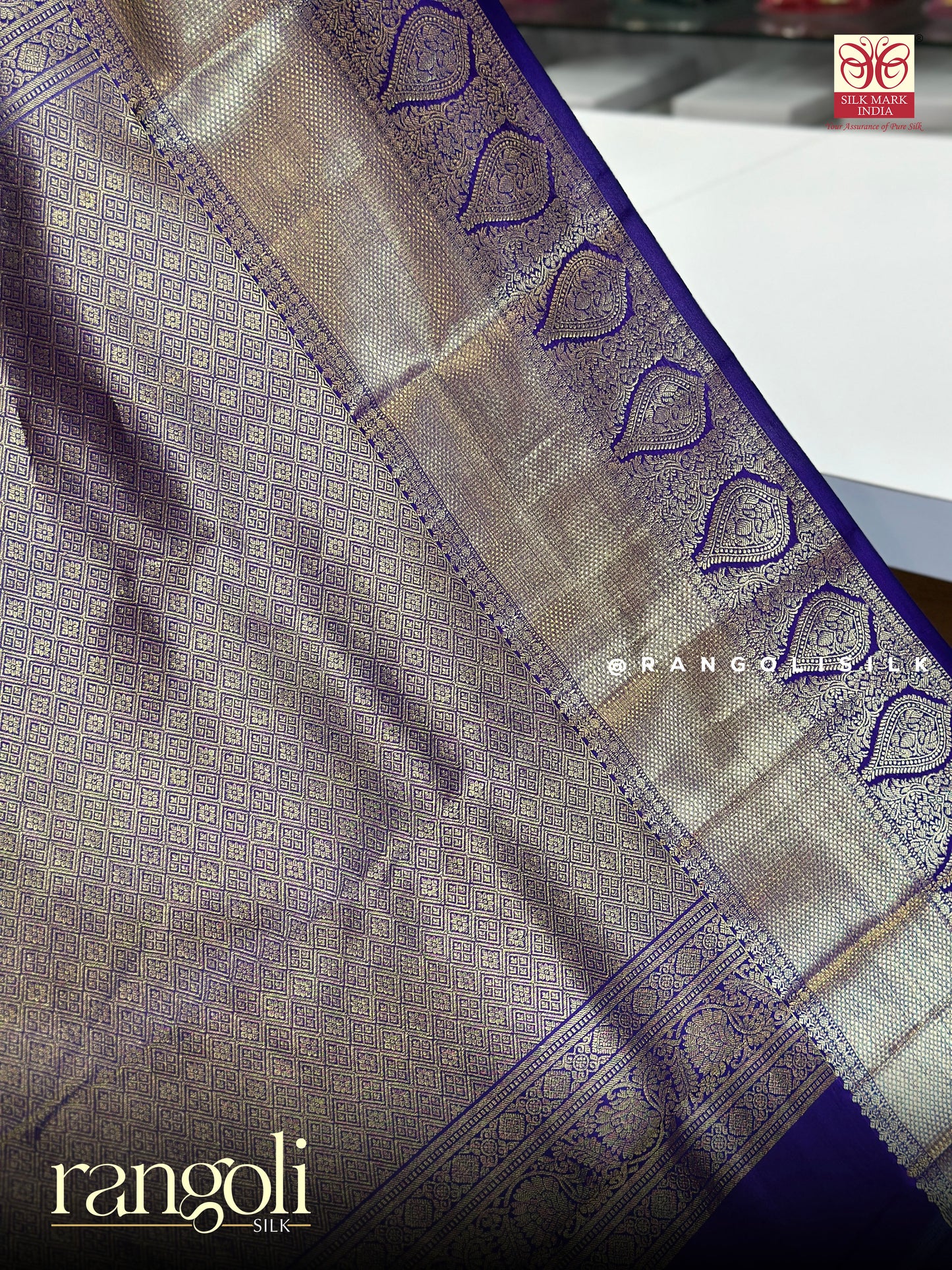 Pure Kanjivaram Silk Saree in Royal Blue & Violet - Silk Mark Certified - Post 930