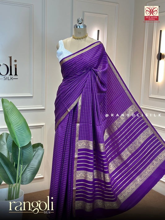 Pure Mysore Crepe Silk Saree with Elegant Checks Pattern and Silk Mark Certified - Post 921