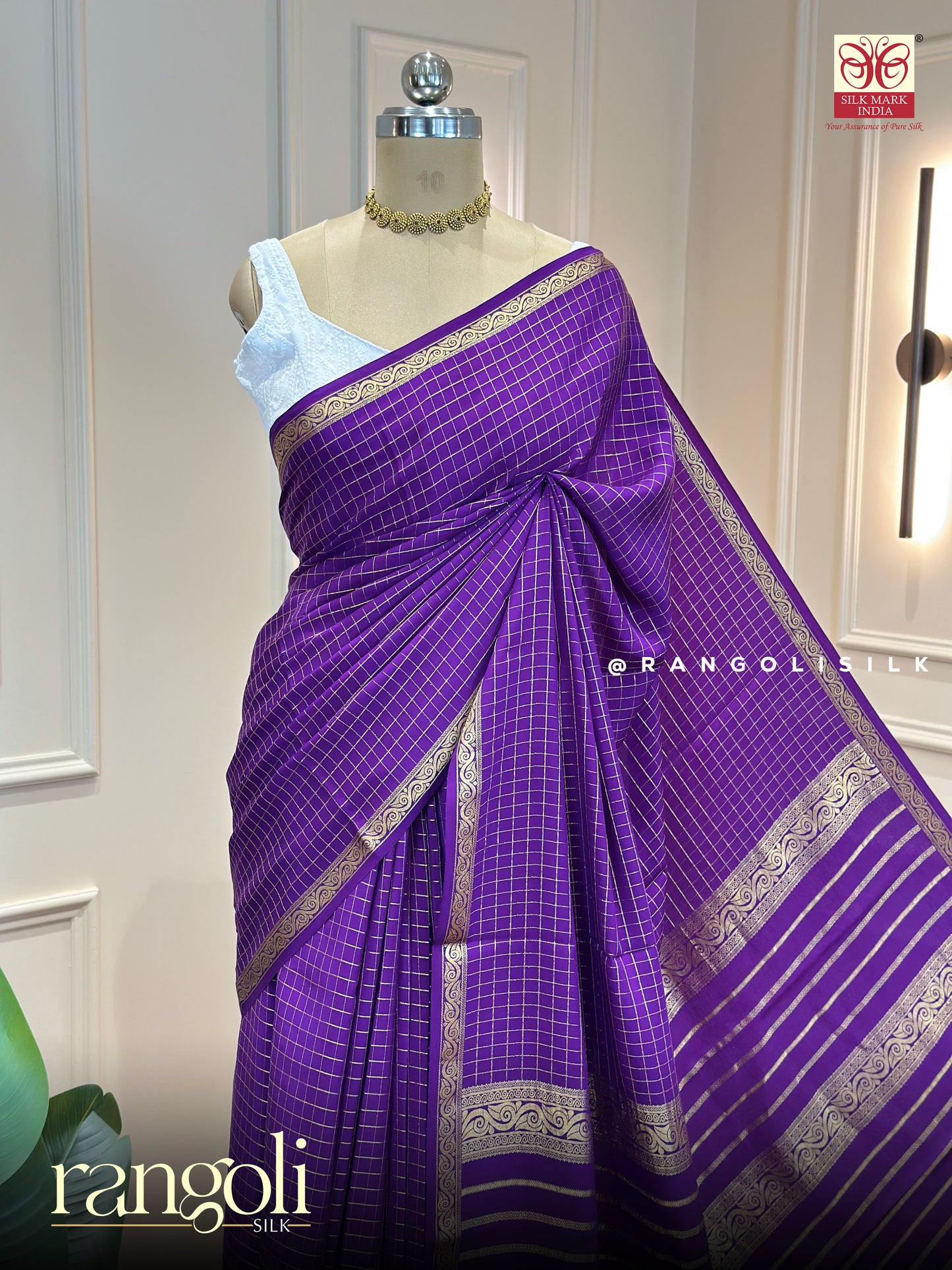 Pure Mysore Crepe Silk Saree with Elegant Checks Pattern and Silk Mark Certified - Post 921