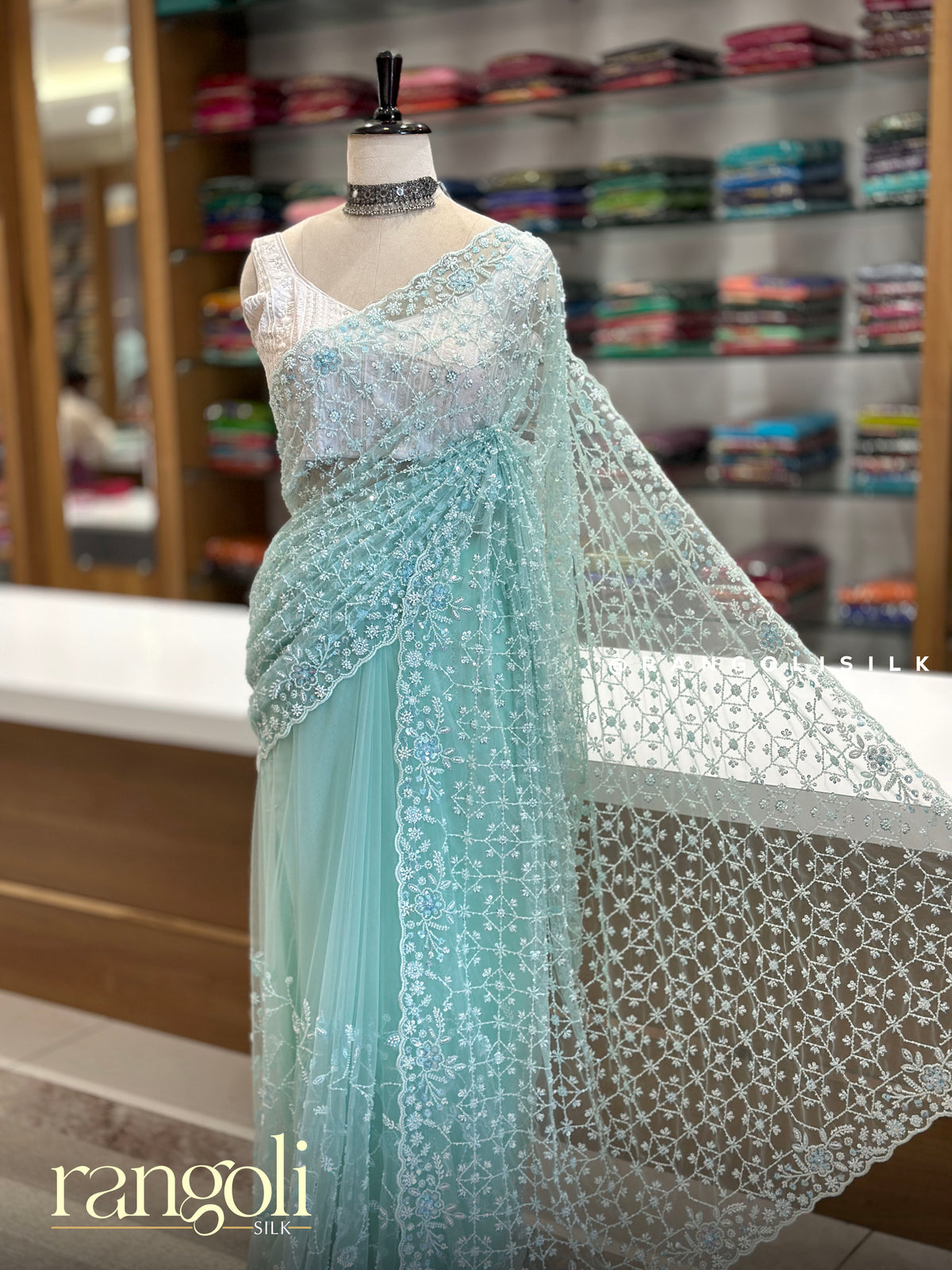Designer Partywear Saree with Floral Threadwork & Scalloped Border - Post 1034