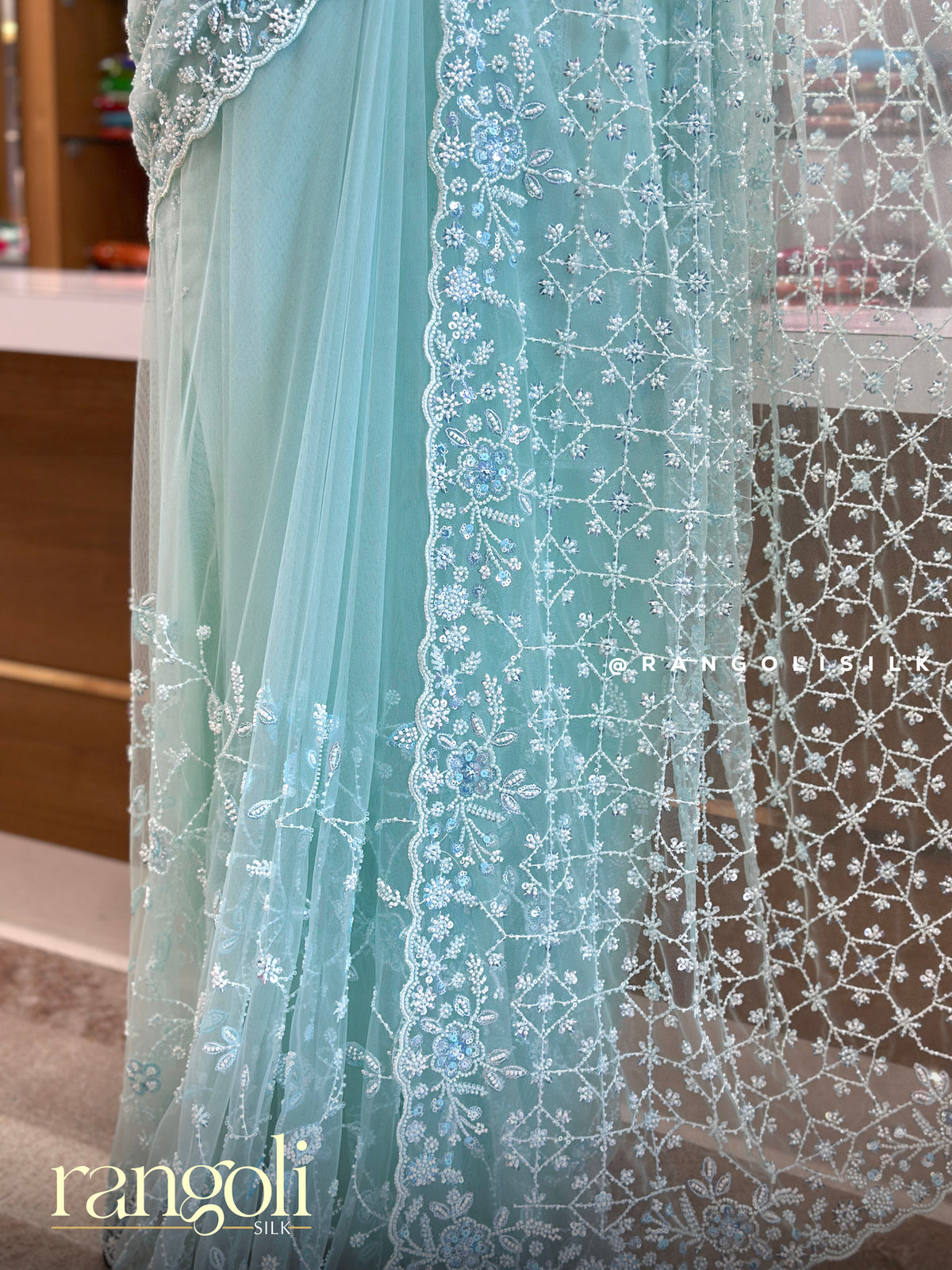 Designer Partywear Saree with Floral Threadwork & Scalloped Border - Post 1034