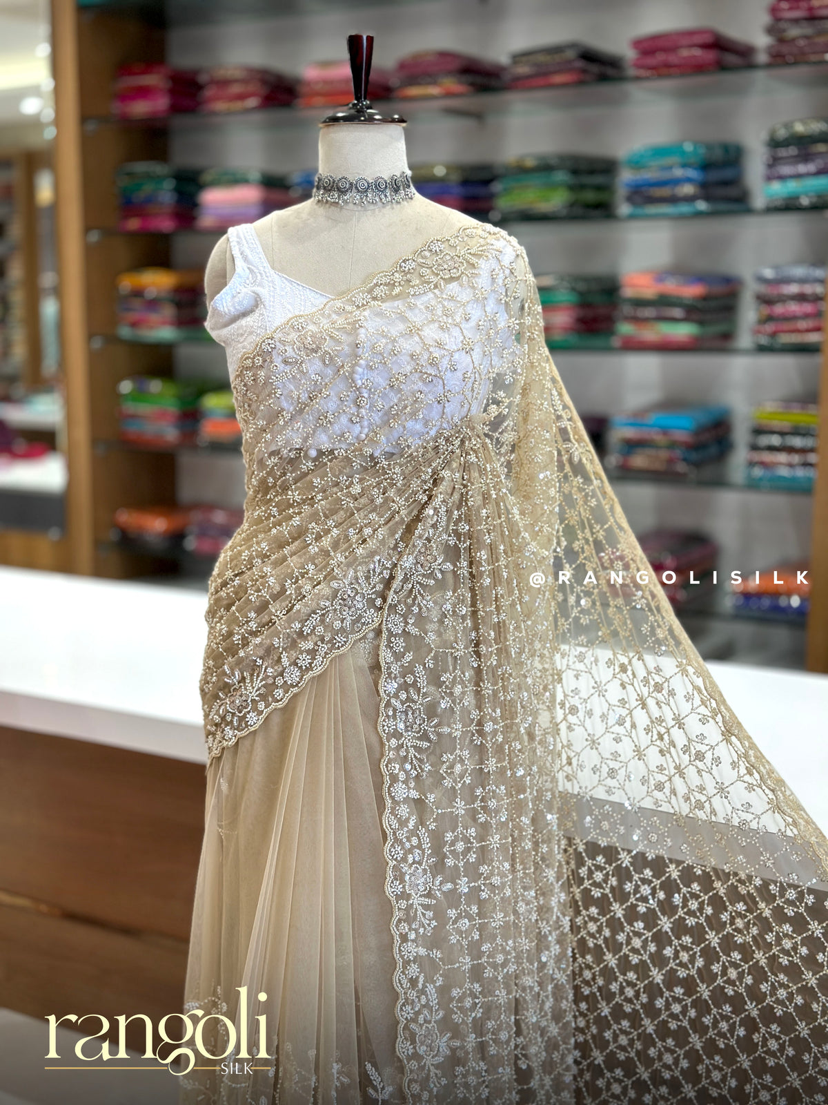 Designer Partywear Saree with Floral Threadwork & Scalloped Border - Post 1034