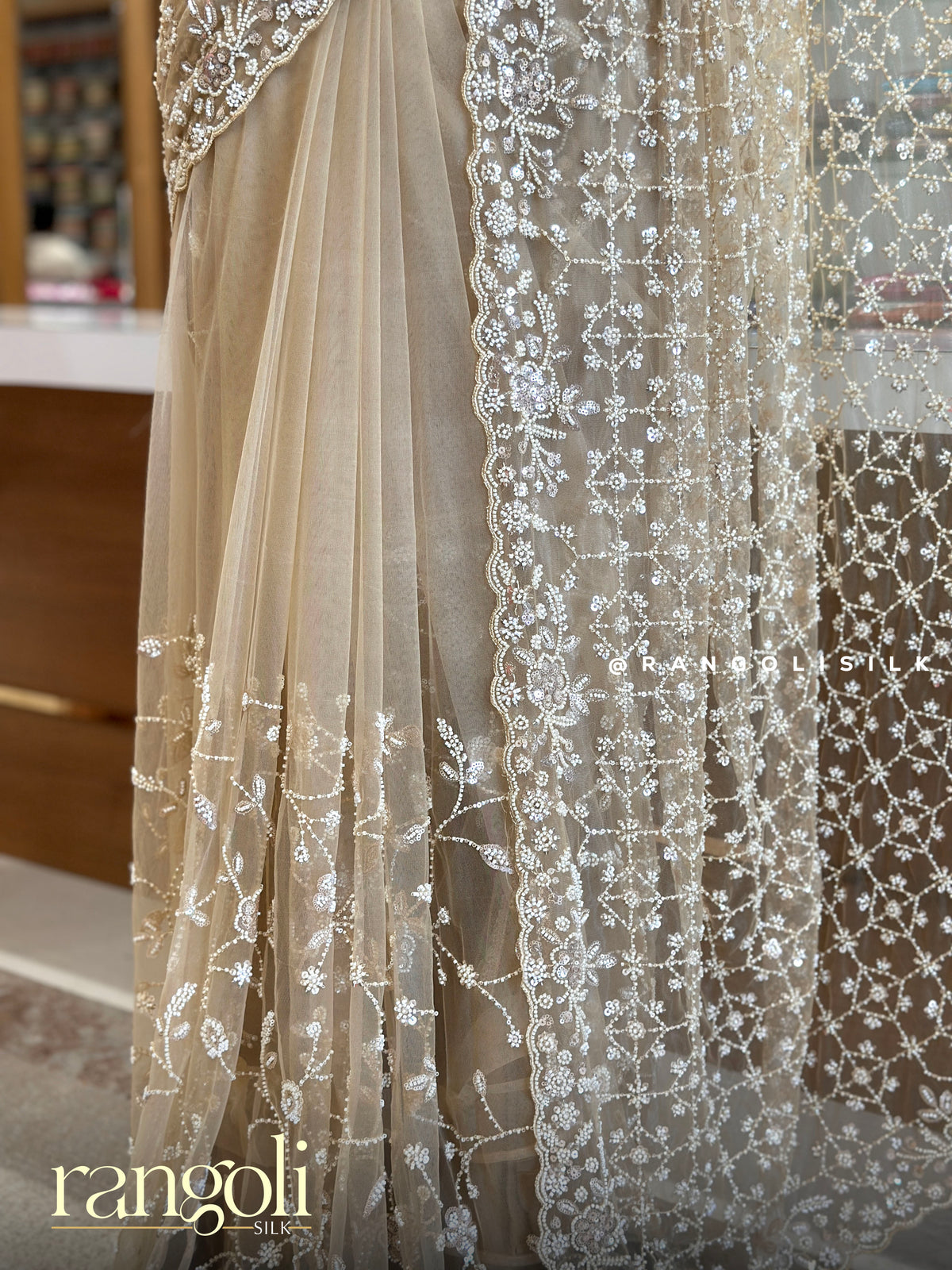 Designer Partywear Saree with Floral Threadwork & Scalloped Border - Post 1034