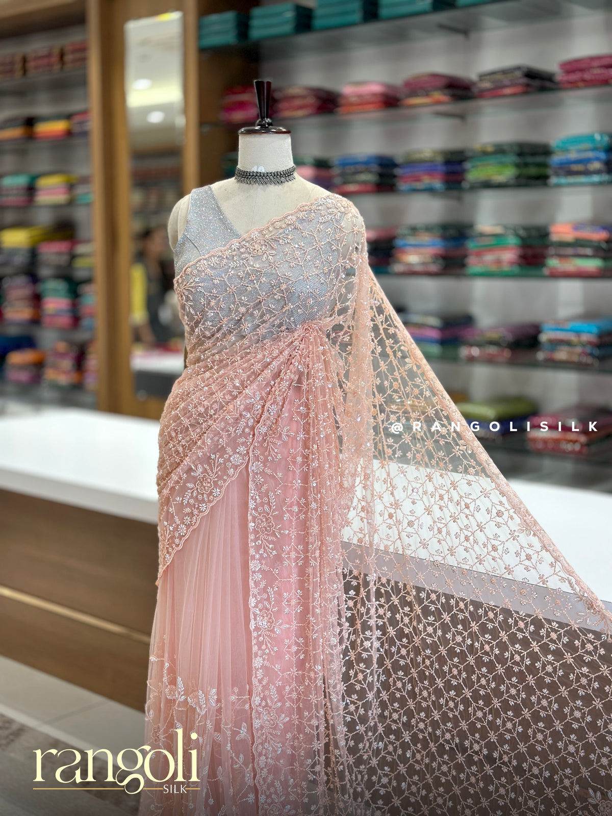Designer Partywear Saree with Floral Threadwork & Scalloped Border - Post 1034