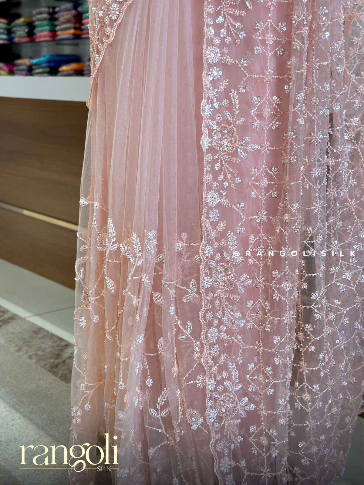 Designer Partywear Saree with Floral Threadwork & Scalloped Border - Post 1034