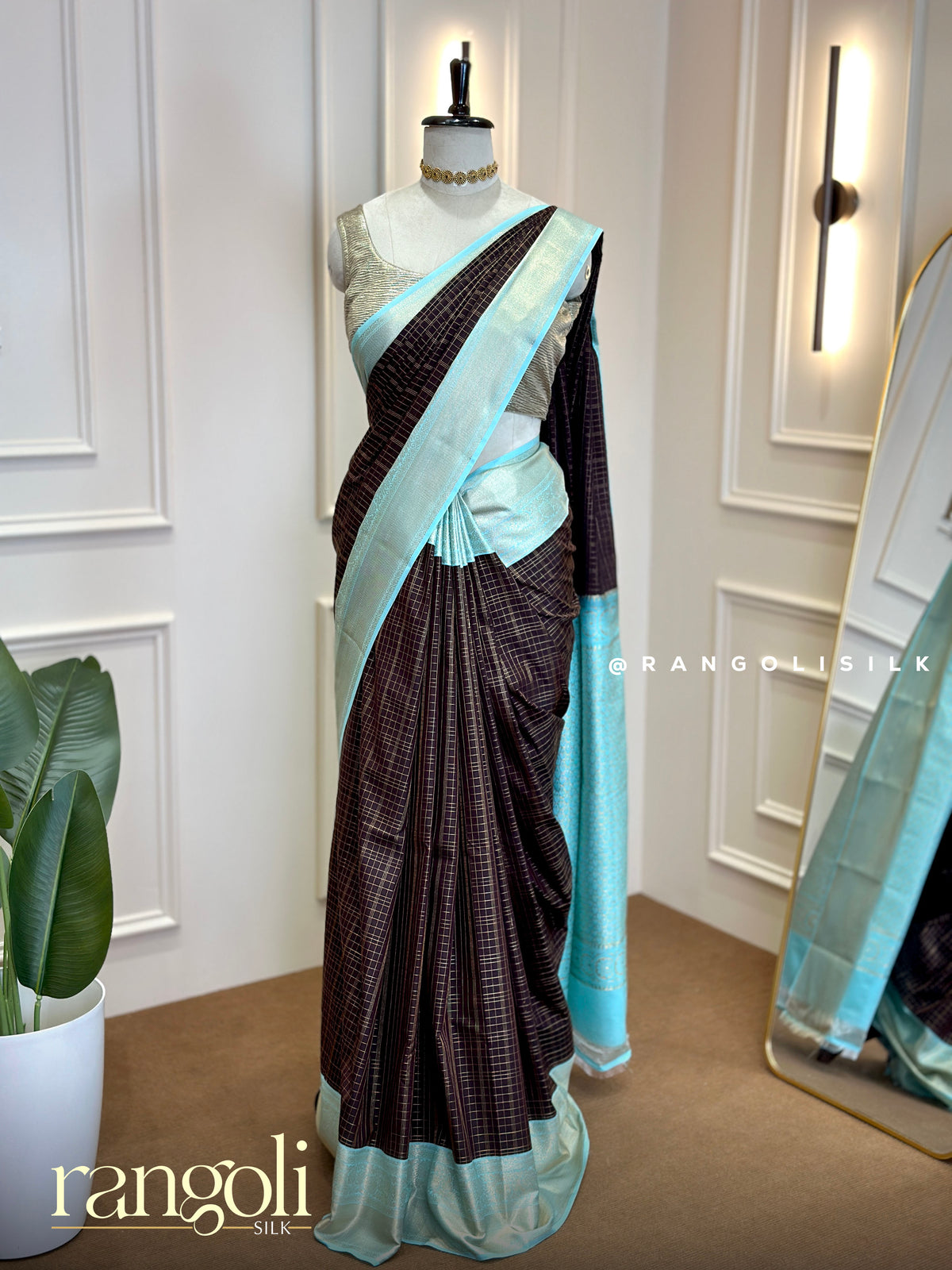 Deep Coffee Brown Semi Kanjivaram Silk Saree with Zari Checks & Contrast Aqua Blue Border - Post 1035