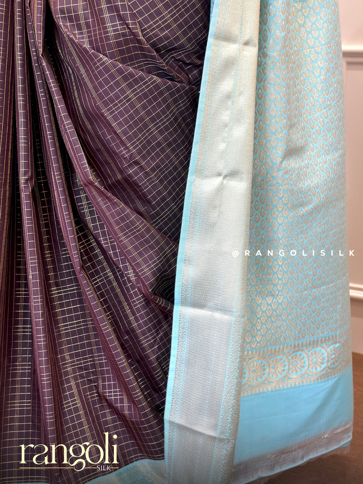 Deep Coffee Brown Semi Kanjivaram Silk Saree with Zari Checks & Contrast Aqua Blue Border - Post 1035