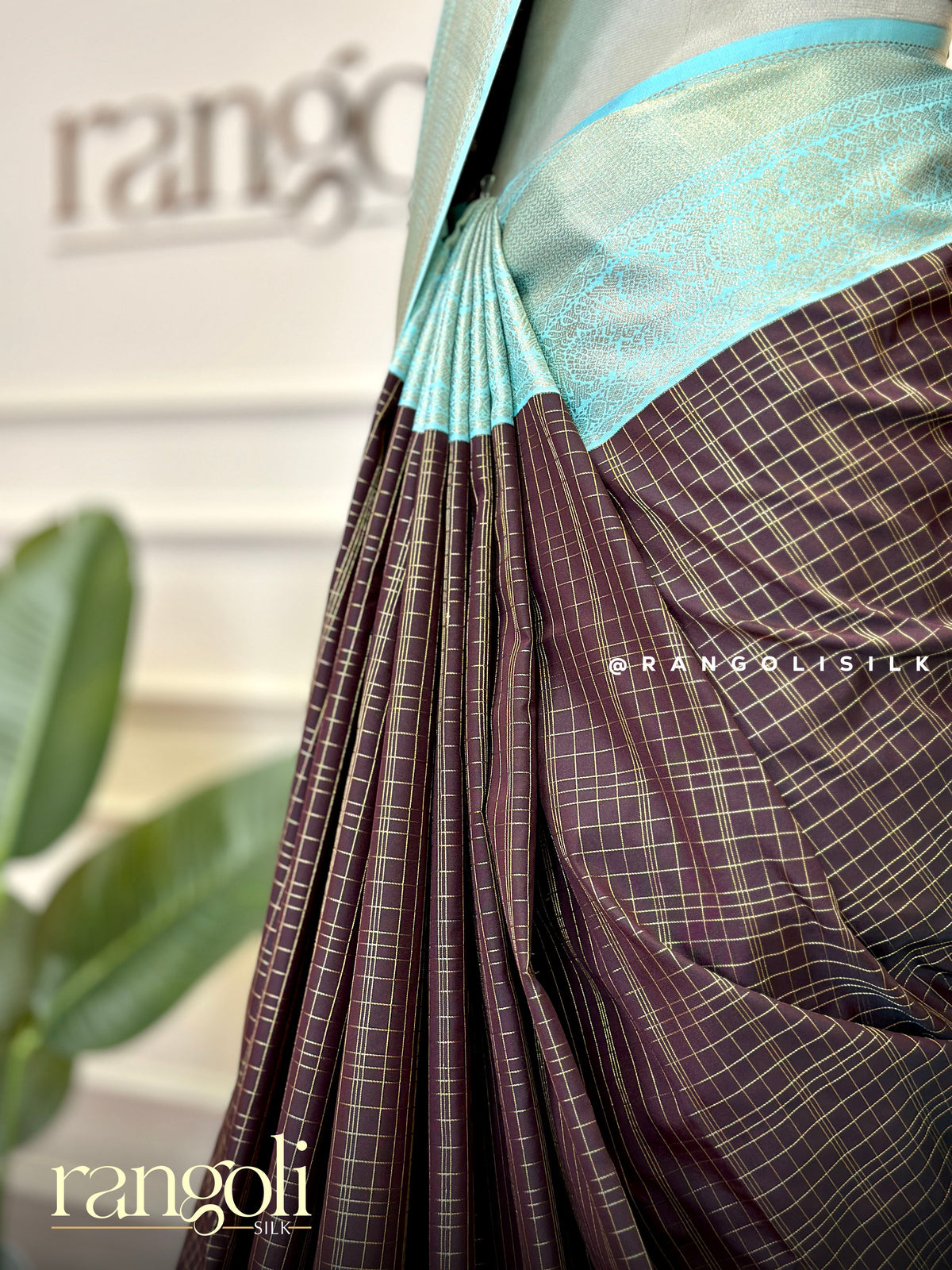 Deep Coffee Brown Semi Kanjivaram Silk Saree with Zari Checks & Contrast Aqua Blue Border - Post 1035