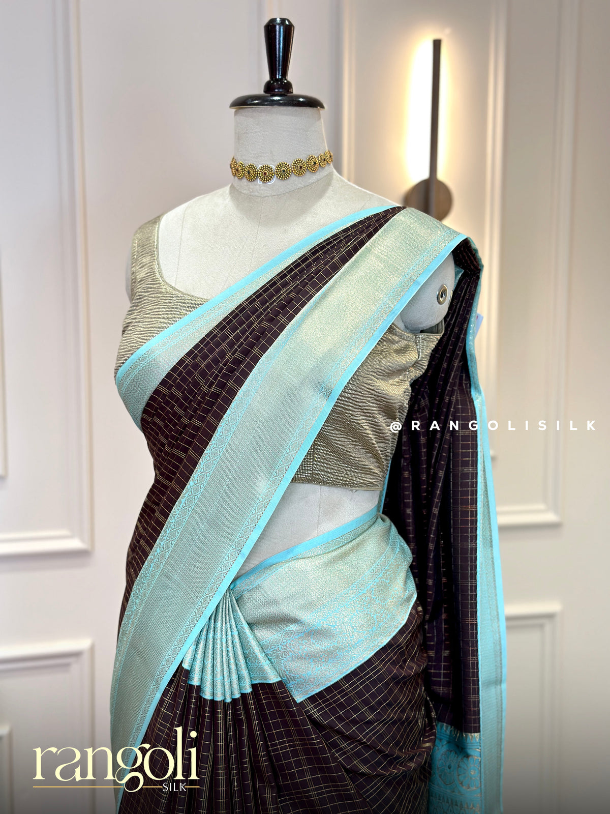 Deep Coffee Brown Semi Kanjivaram Silk Saree with Zari Checks & Contrast Aqua Blue Border - Post 1035