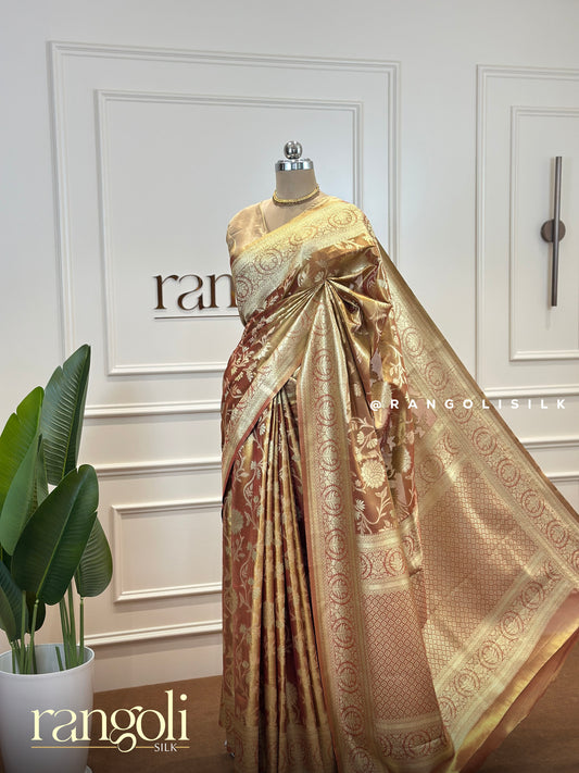 Goldish Brown Tissue Silk Saree with Rich Floral Detailing - Post 416