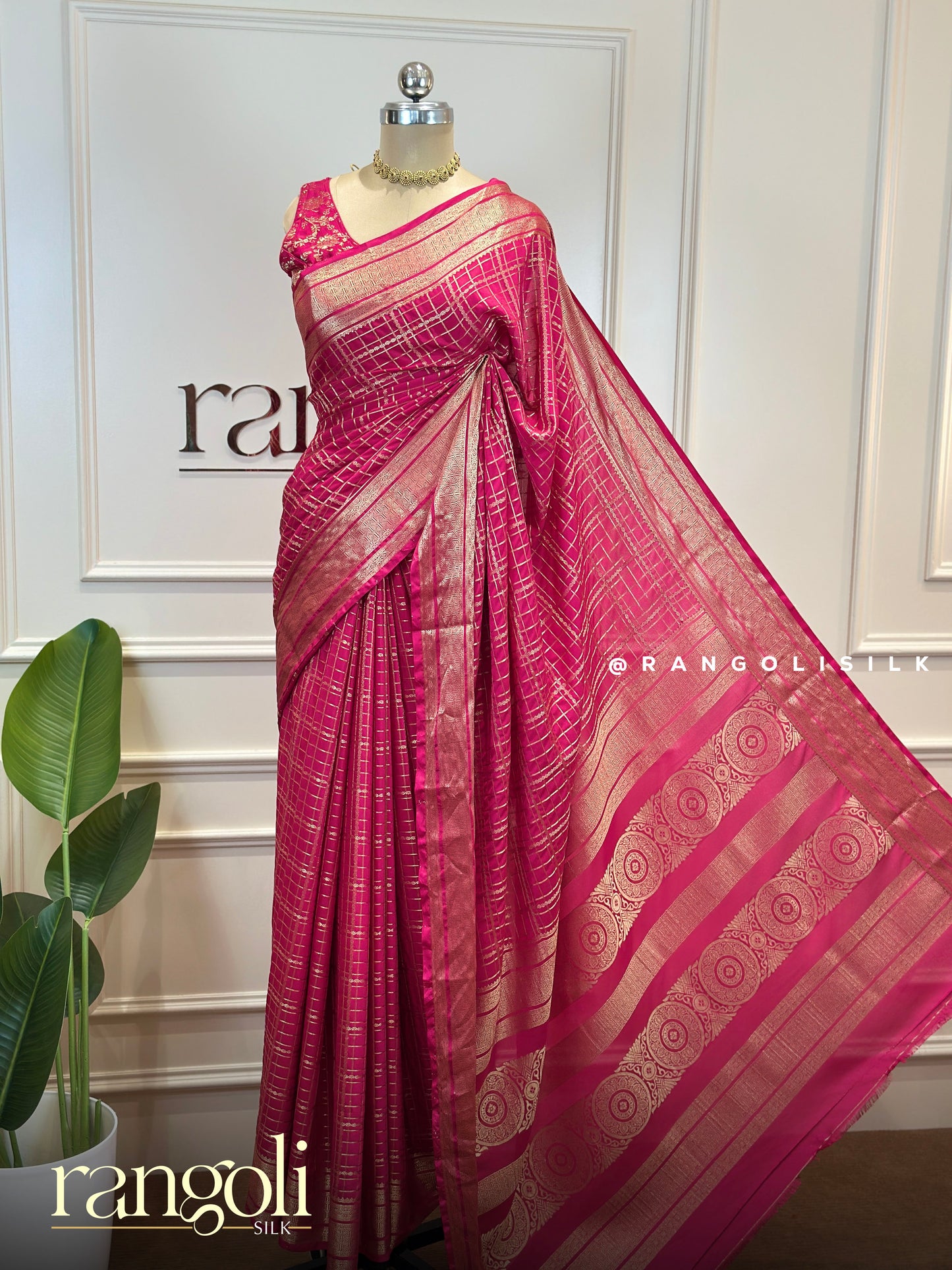 Semi Mysore Silk Crepe Saree with Checks Pattern and Zari Border - Post 812