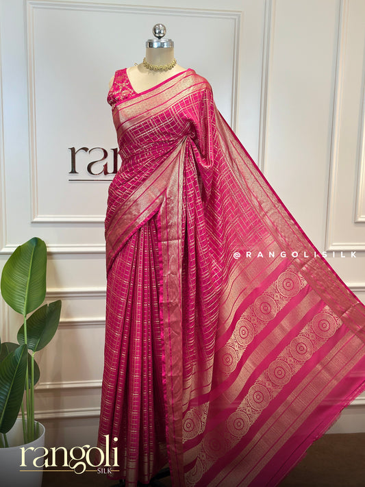 Semi Mysore Silk Crepe Saree with Checks Pattern and Zari Border - Post 812
