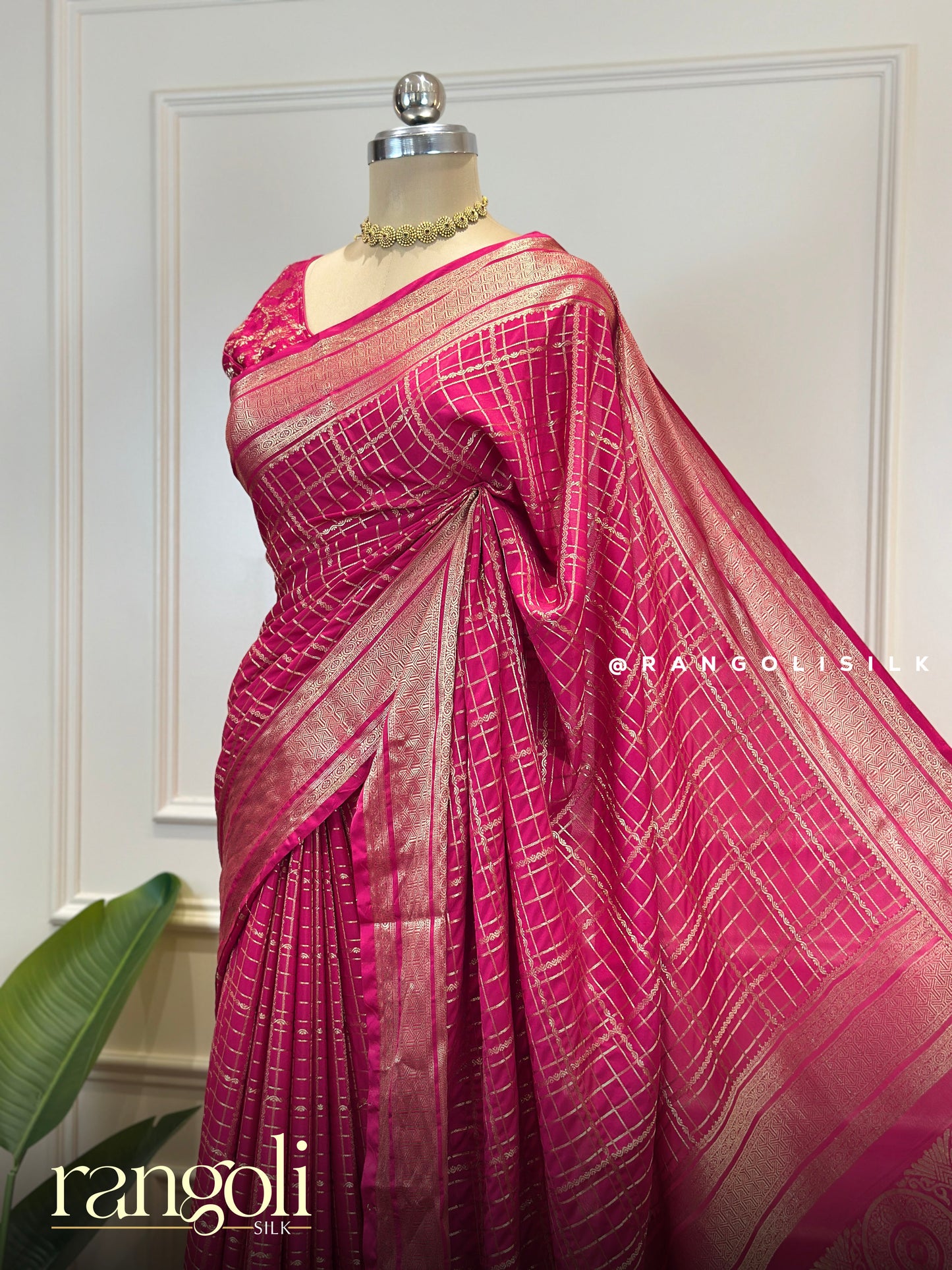 Semi Mysore Silk Crepe Saree with Checks Pattern and Zari Border - Post 812