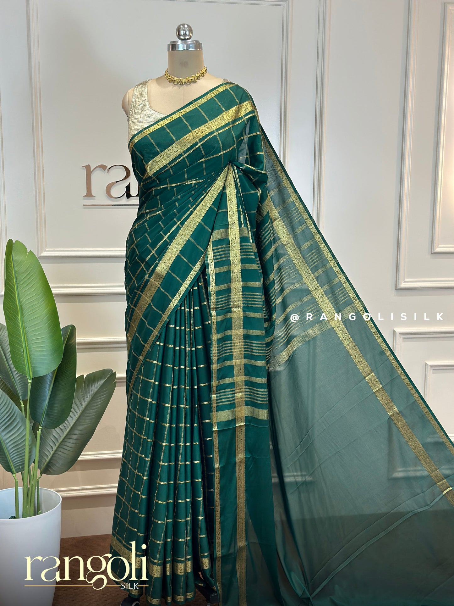 Semi Mysore Silk Saree with Gold Checks & Zari Border - Post 658