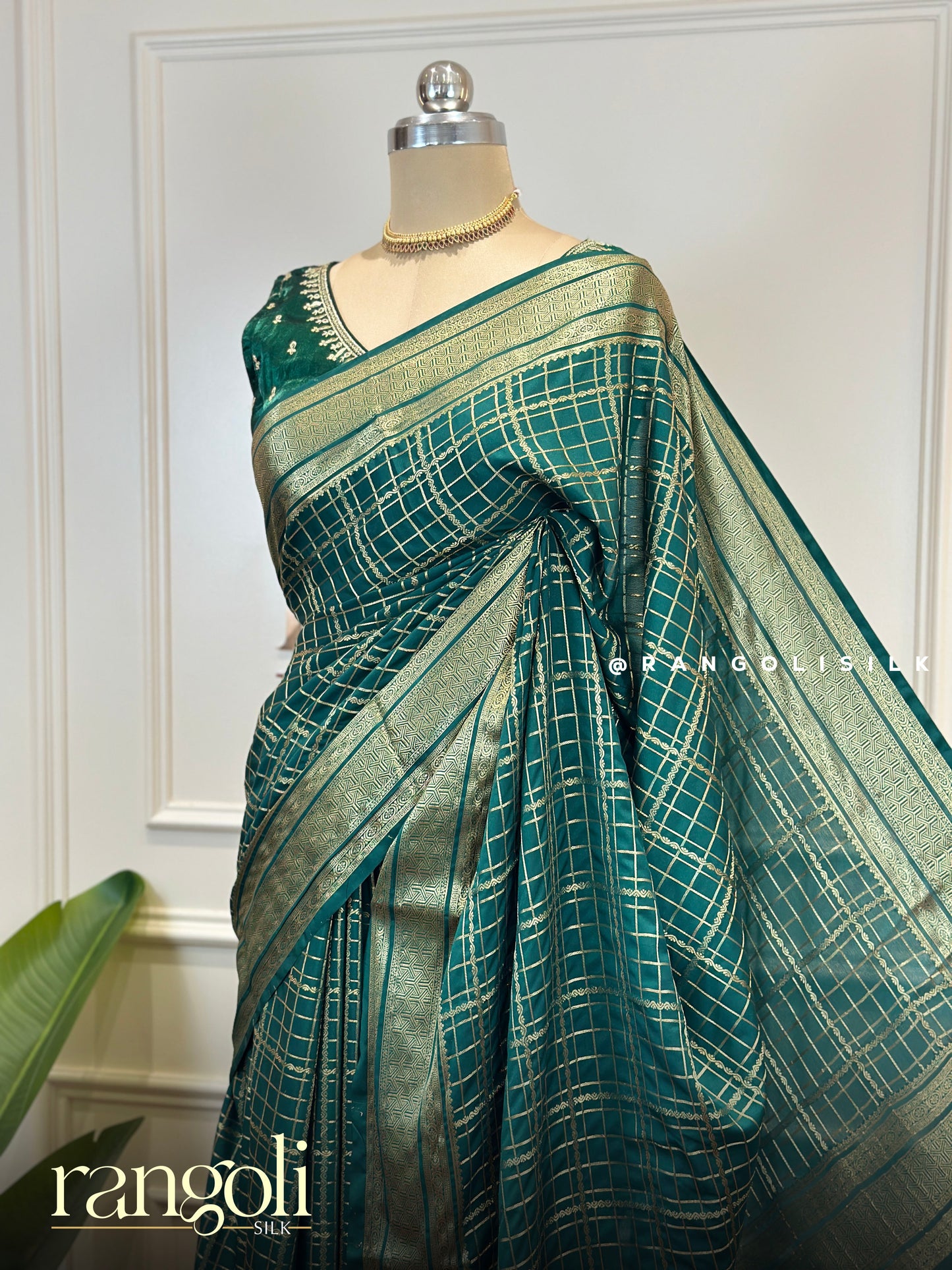 Semi Mysore Silk Crepe Saree with Checks Pattern and Zari Border - Post 812