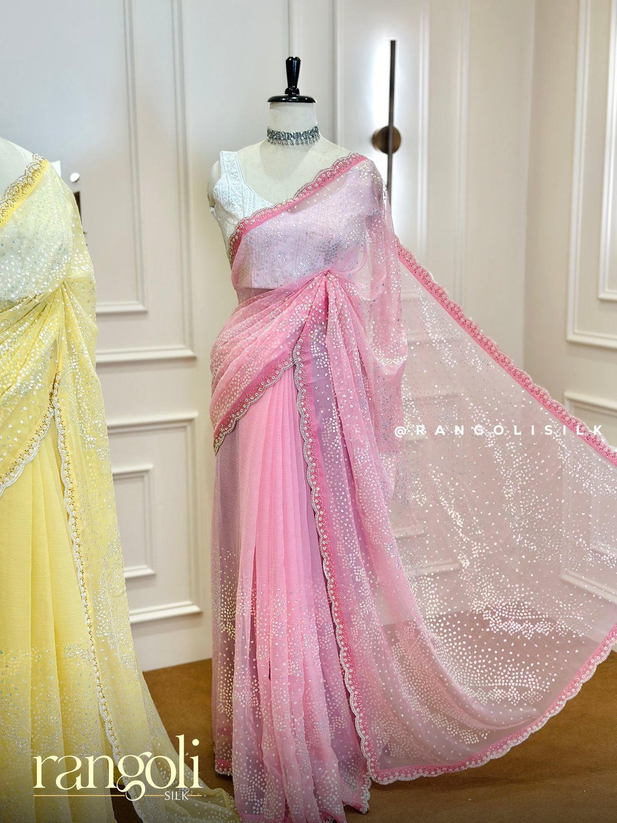 Pastel Designer Partywear Saree with Sequin Embroidery & Scalloped Border - Post 1033