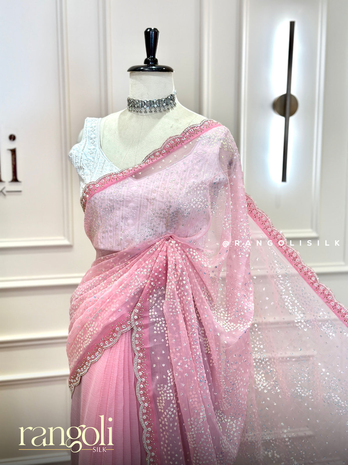 Pastel Designer Partywear Saree with Sequin Embroidery & Scalloped Border - Post 1033