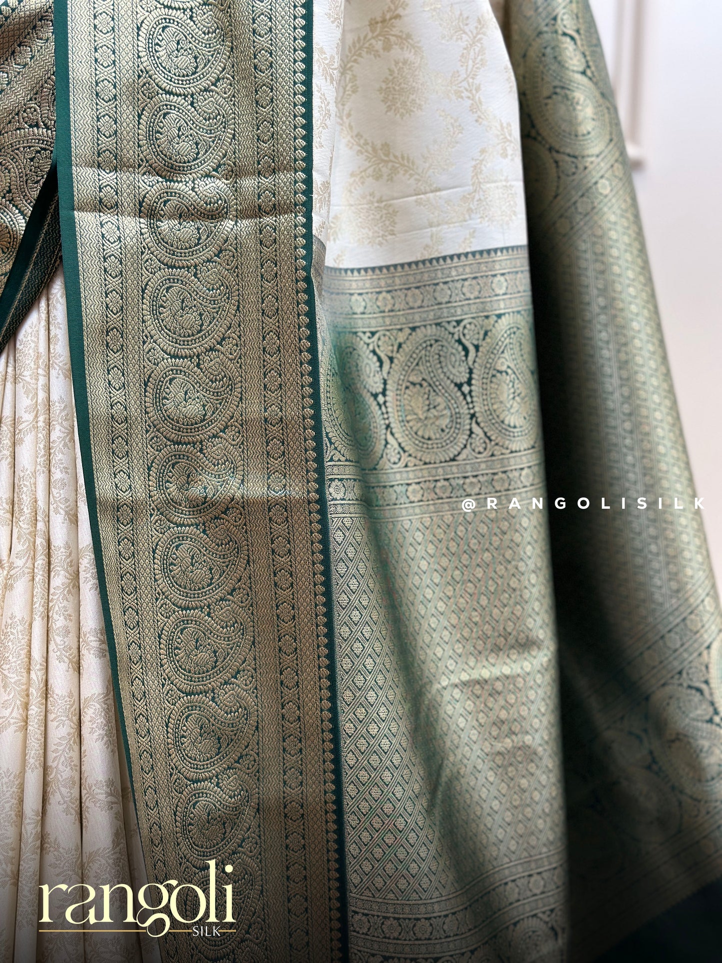 Kanjivaram Silk Saree Off White with Dark Green Border and Gold Brocade Pallu - Post 821