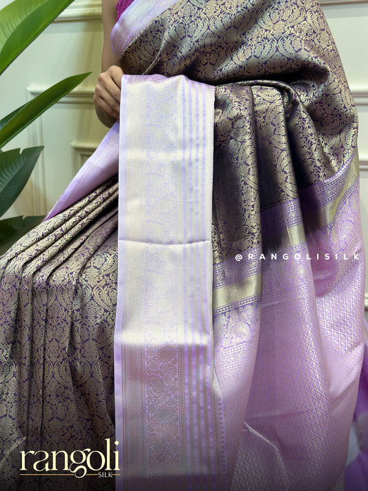 Deep Purple & Lavender Kanjivaram Silk Saree with Brocade Weaving - Post 833